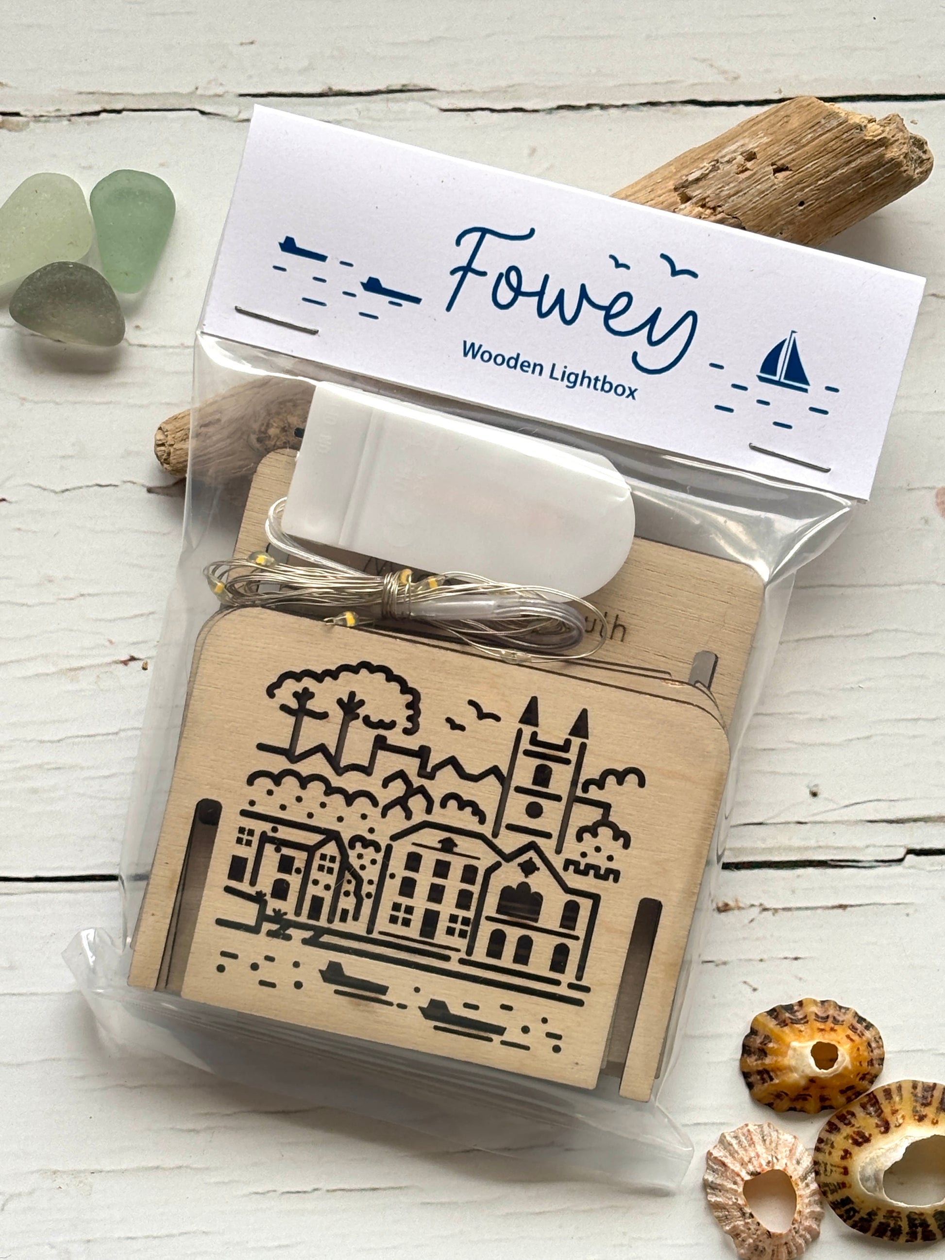 Fowey wooden lightbox packaged, Cornwall DIY light kit with LED, flat pack engraved town scene, gift ready souvenir
