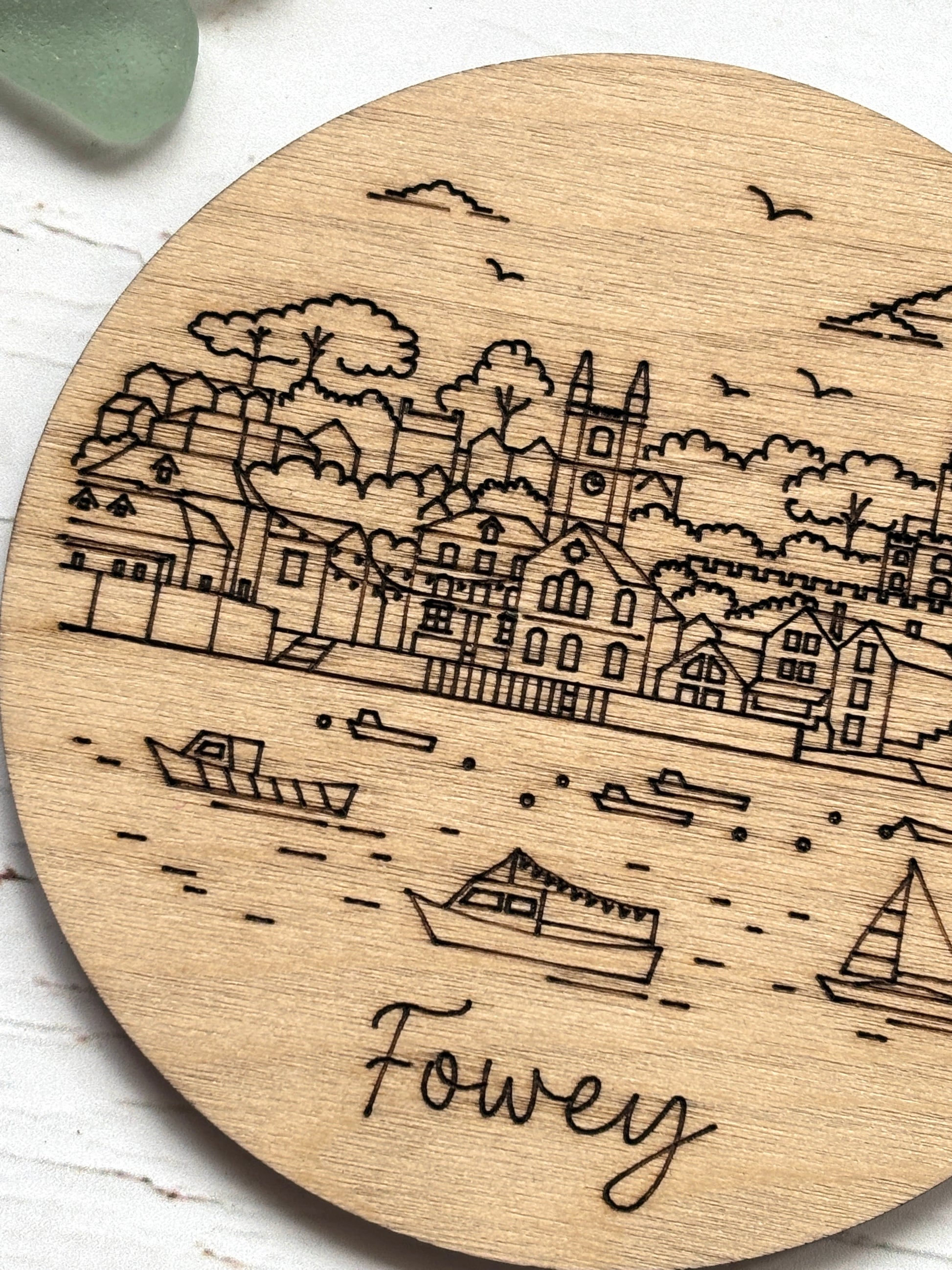 engraved Fowey wooden coaster with scenic harbor design, eco-friendly UK souvenir, perfect coastal gift