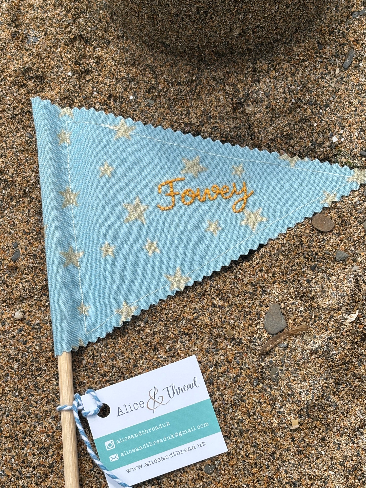 Handmade Embroidered Fowey & Cornwall Sandcastle Fabric Flags