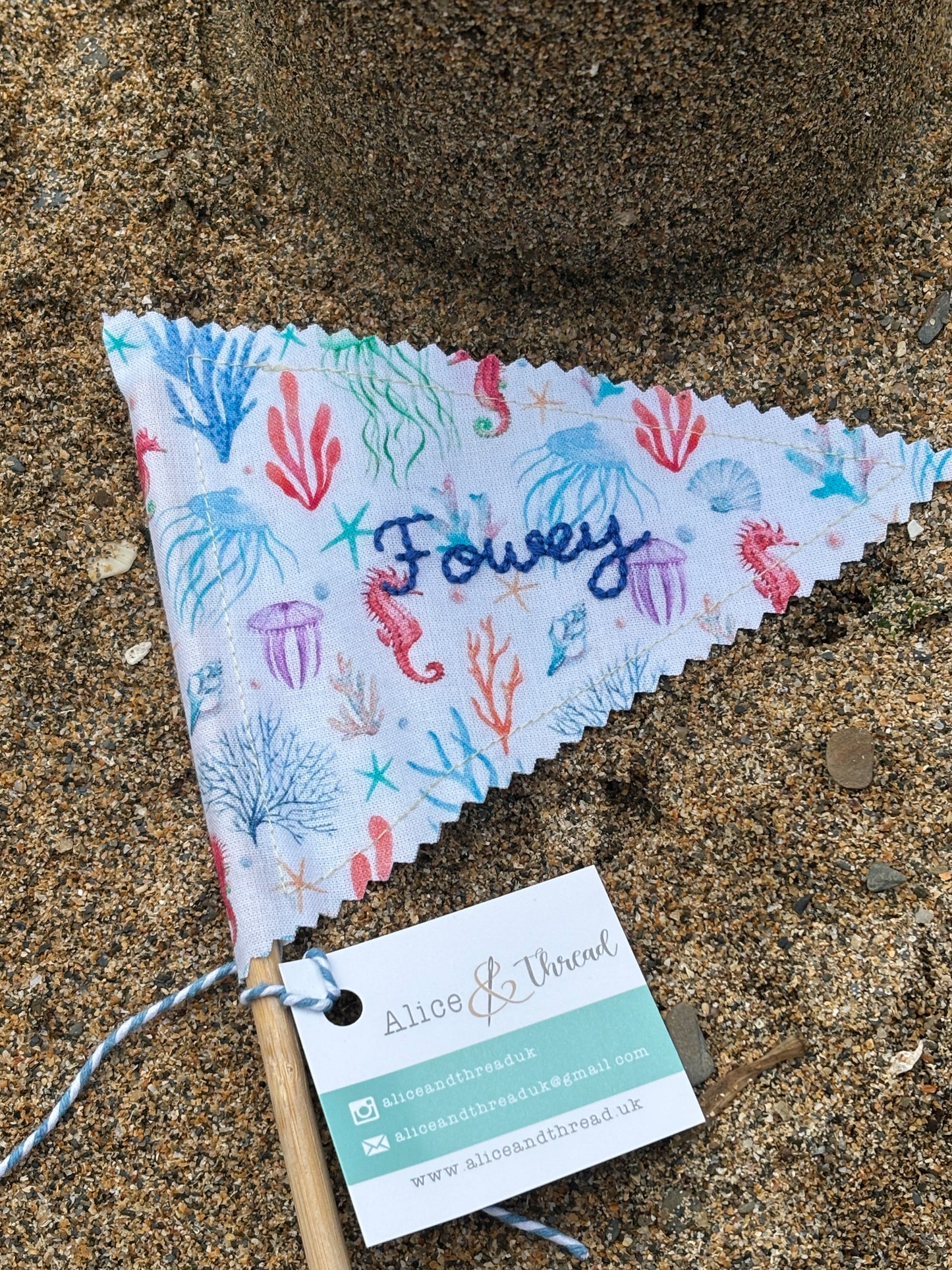 Handmade Embroidered Fowey & Cornwall Sandcastle Fabric Flags