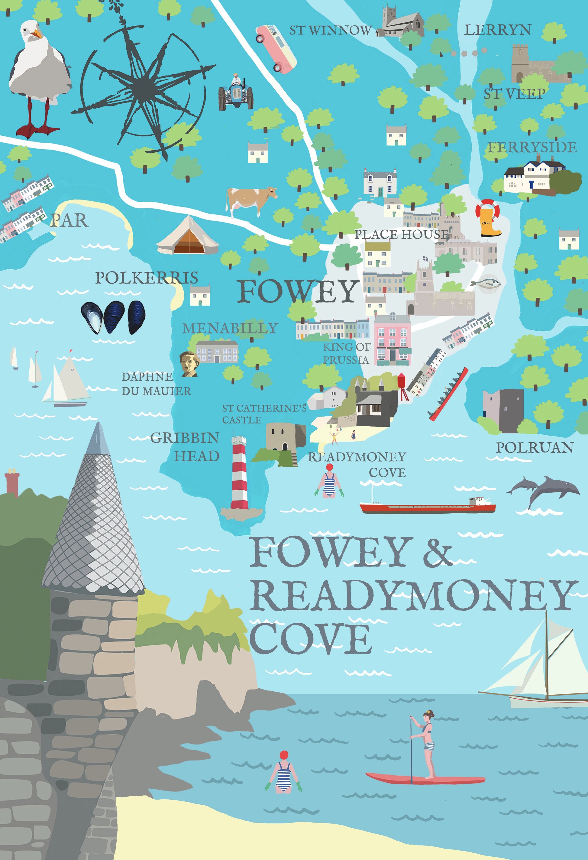 closeup shot of Fowey map fridge magnet with Readymoney Cove, coastal landmarks, artistic UK travel souvenir.