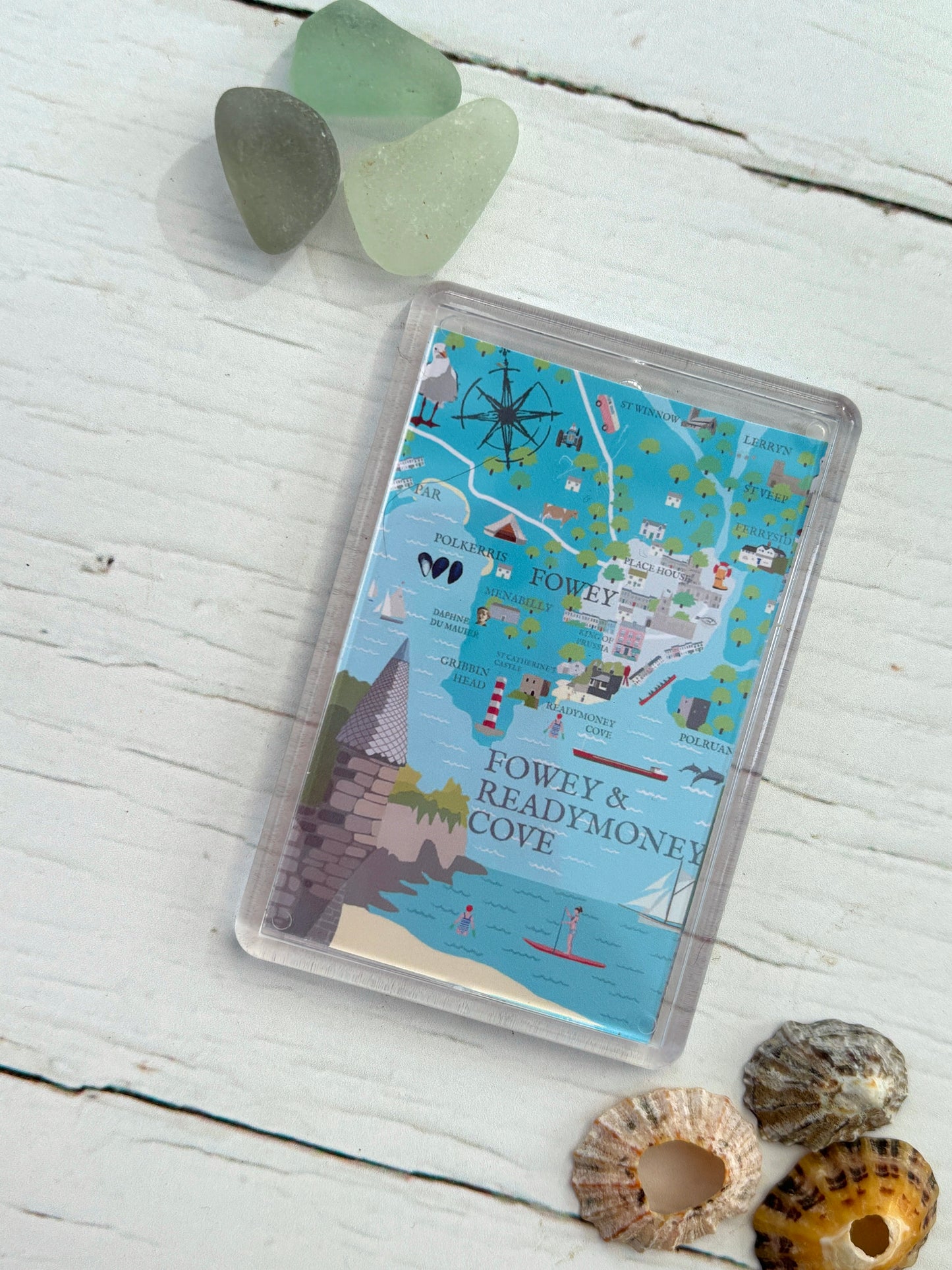 Fowey map fridge magnet with Readymoney Cove, coastal landmarks, sea glass and shells, artistic UK souvenir