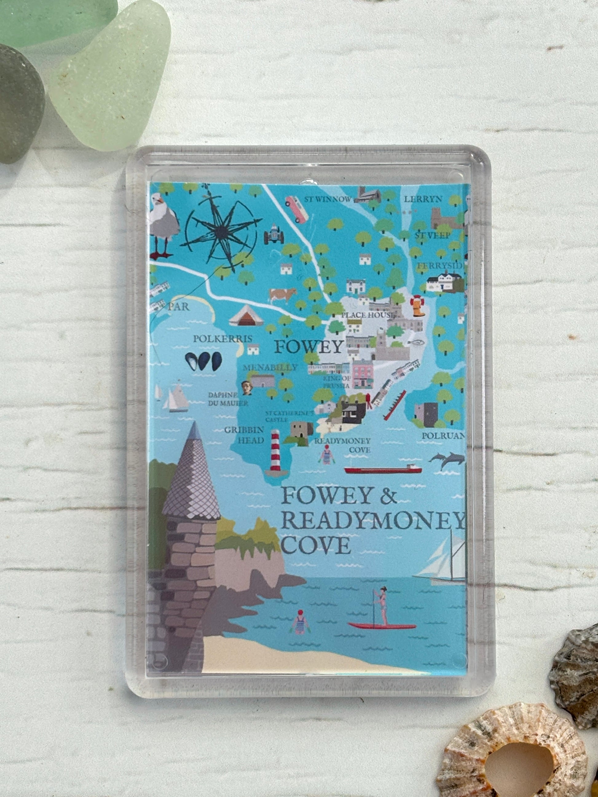 illustrated Fowey map fridge magnet with Readymoney Cove, coastal landmarks, whimsical UK travel souvenir