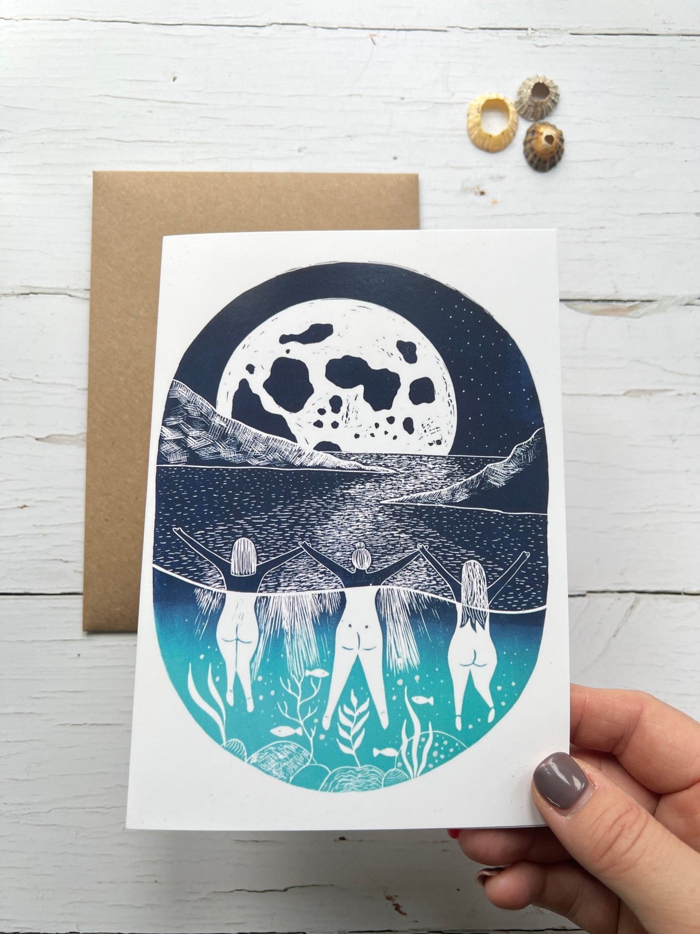 full moon swim greeting card with nude figures, celestial art, nature-inspired UK illustration print