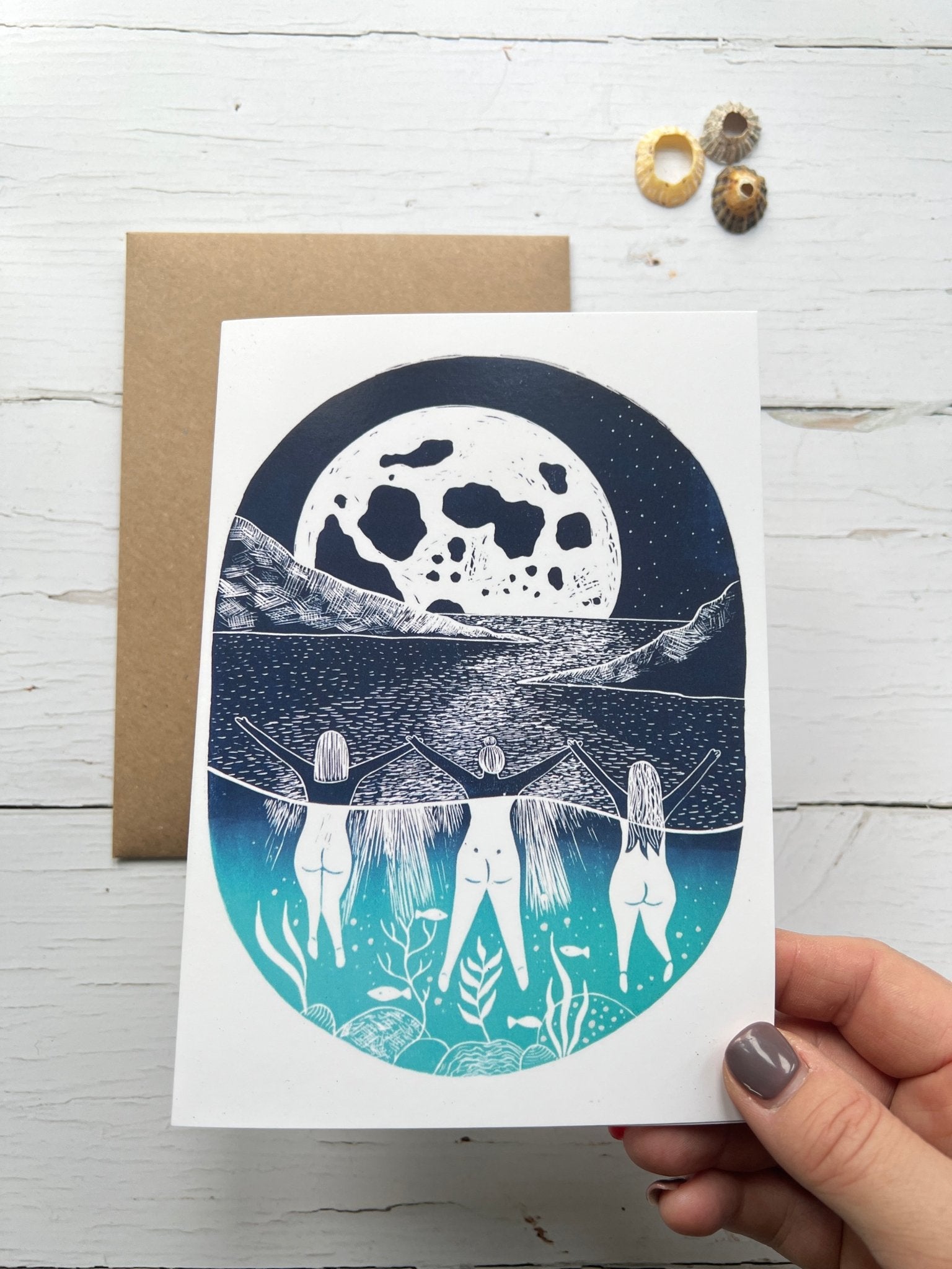 full moon swim greeting card with nude figures, celestial art, nature-inspired UK illustration print