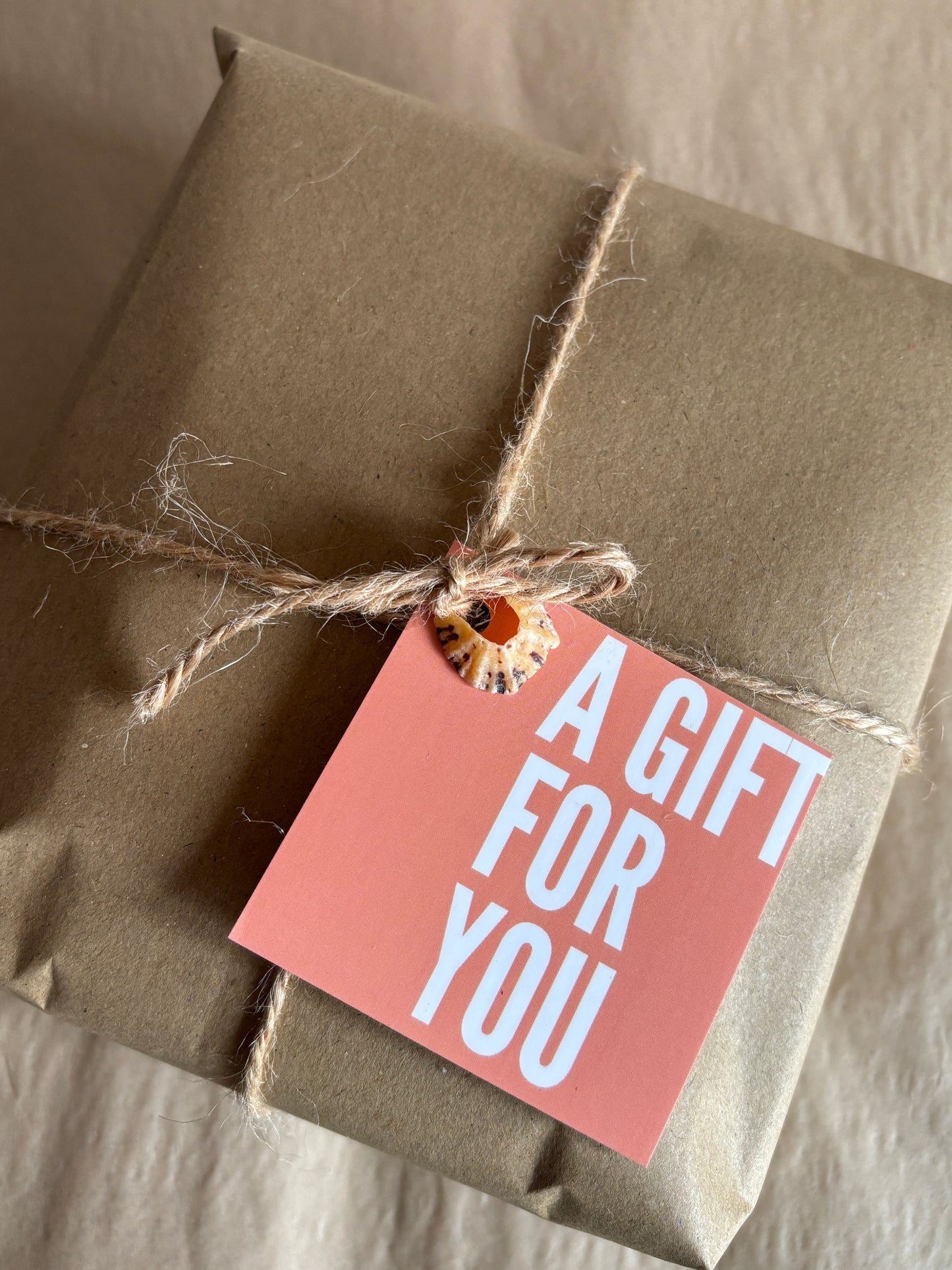 eco friendly gift wrap featuring brown kraft paper, natural twine, and an orange gift tag with a sea shell embellishment coastal style