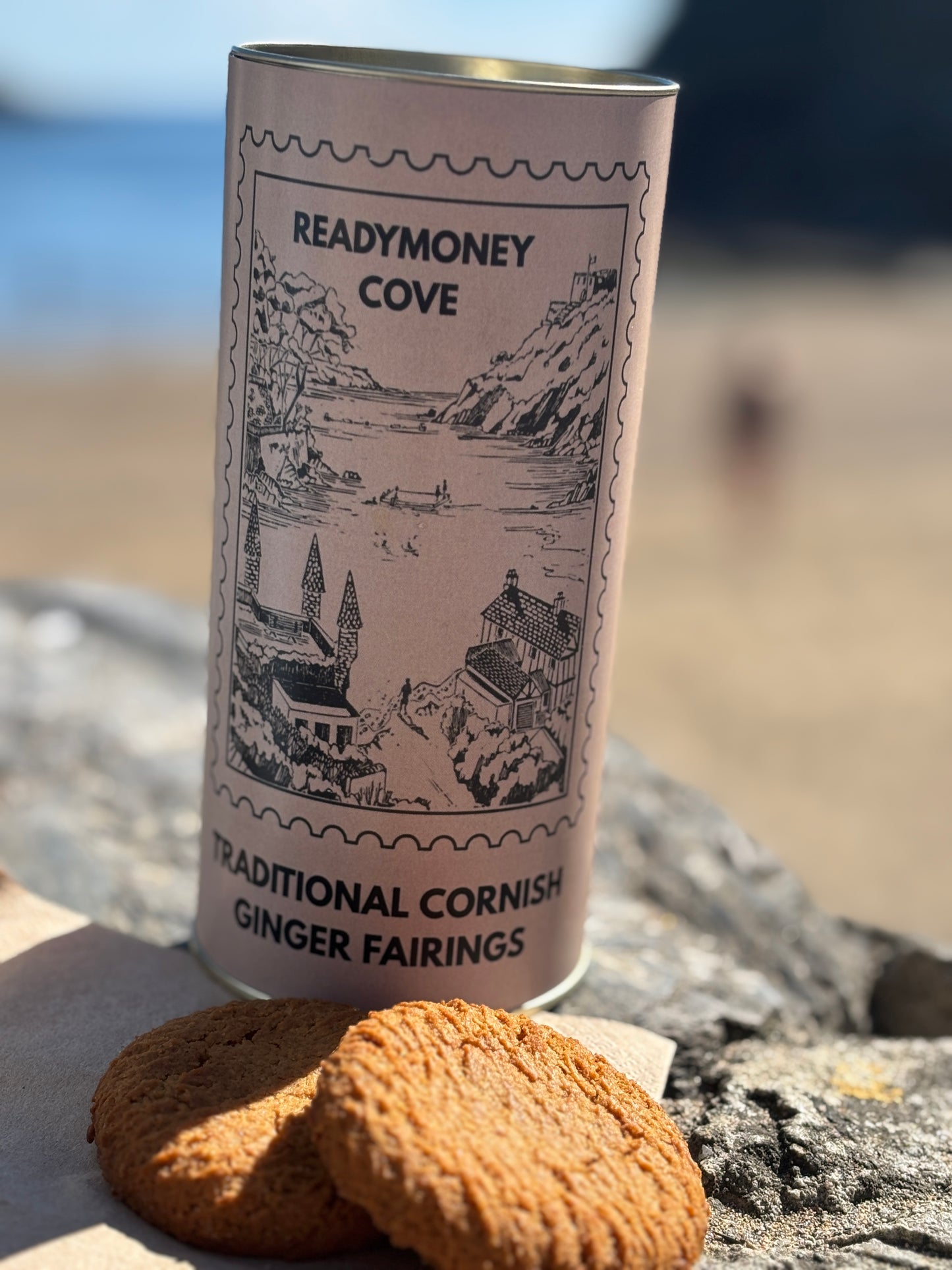 Cornish ginger fairings biscuit tin with bold label—crunchy spiced treat in artisan packaging, perfect for gifting or tea time