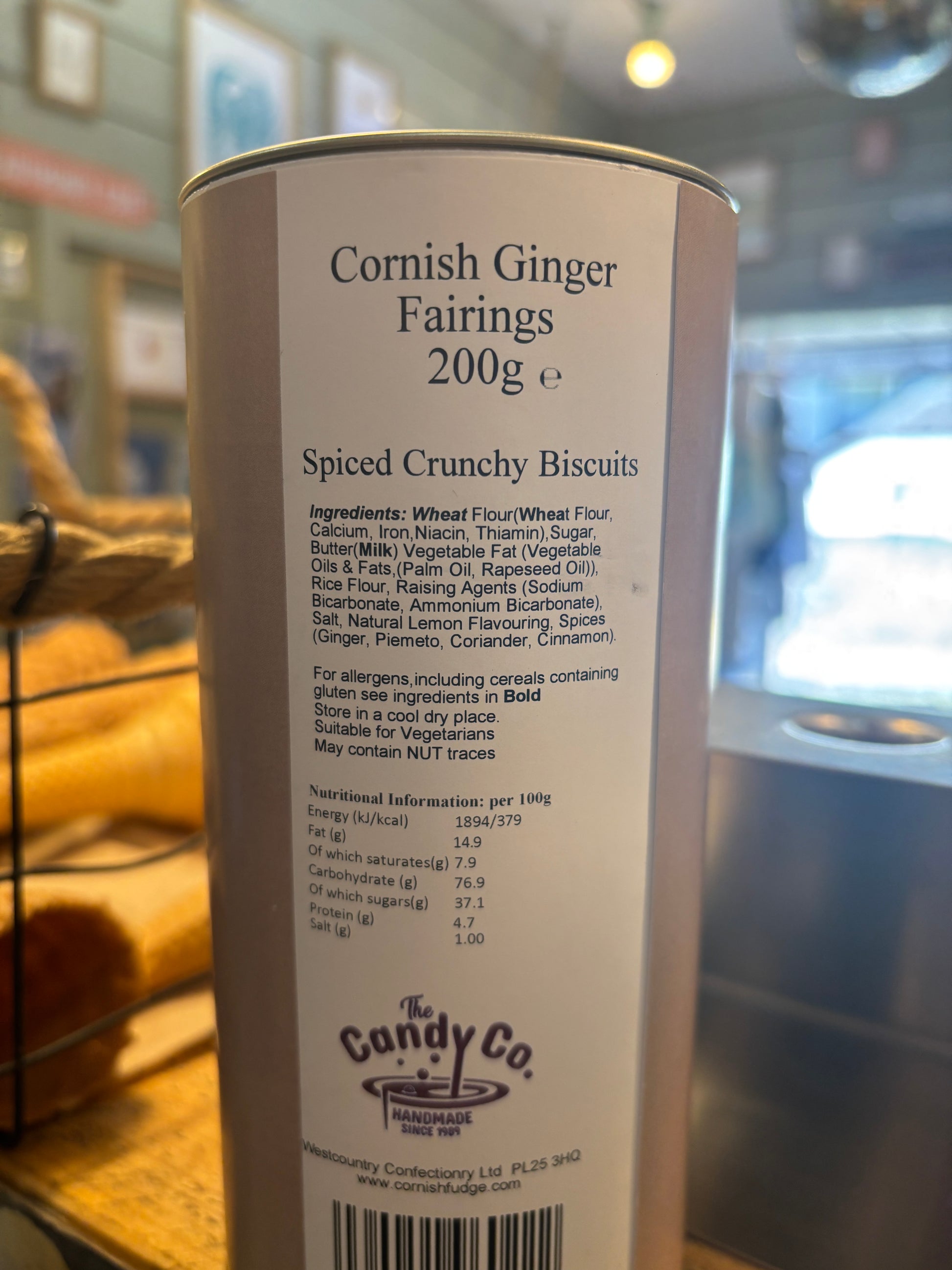 Cornish ginger fairings biscuit tin with nutrition label—spiced crunchy treat in eco packaging, perfect for gifting or snacking