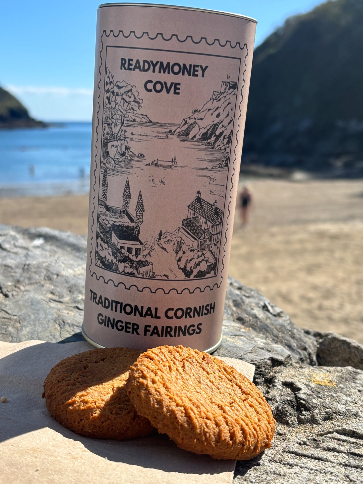 traditional Cornish ginger fairings tin with Readymoney Cove sketch—spiced biscuit gift for coastal foodies and heritage hampers
