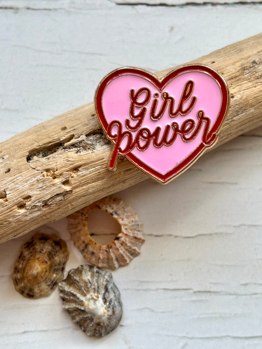 girl power pin badge – pink heart enamel pin with red cursive text, bold feminist flair, and empowering style