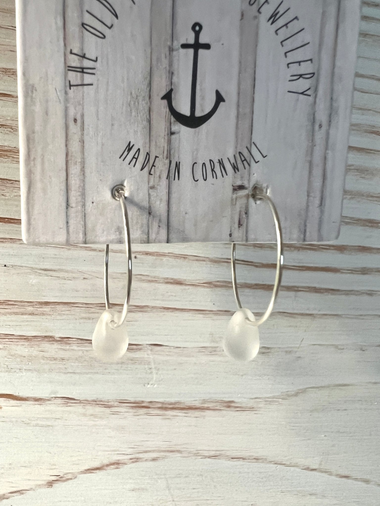 crystal white sea glass style glass teardrop hoop earrings coastal jewellery made in Cornwall for a nautical look