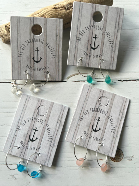 coastal hoop earrings with glass teardrop beads in four colors handmade jewellery from Cornwall, with a sea glass style