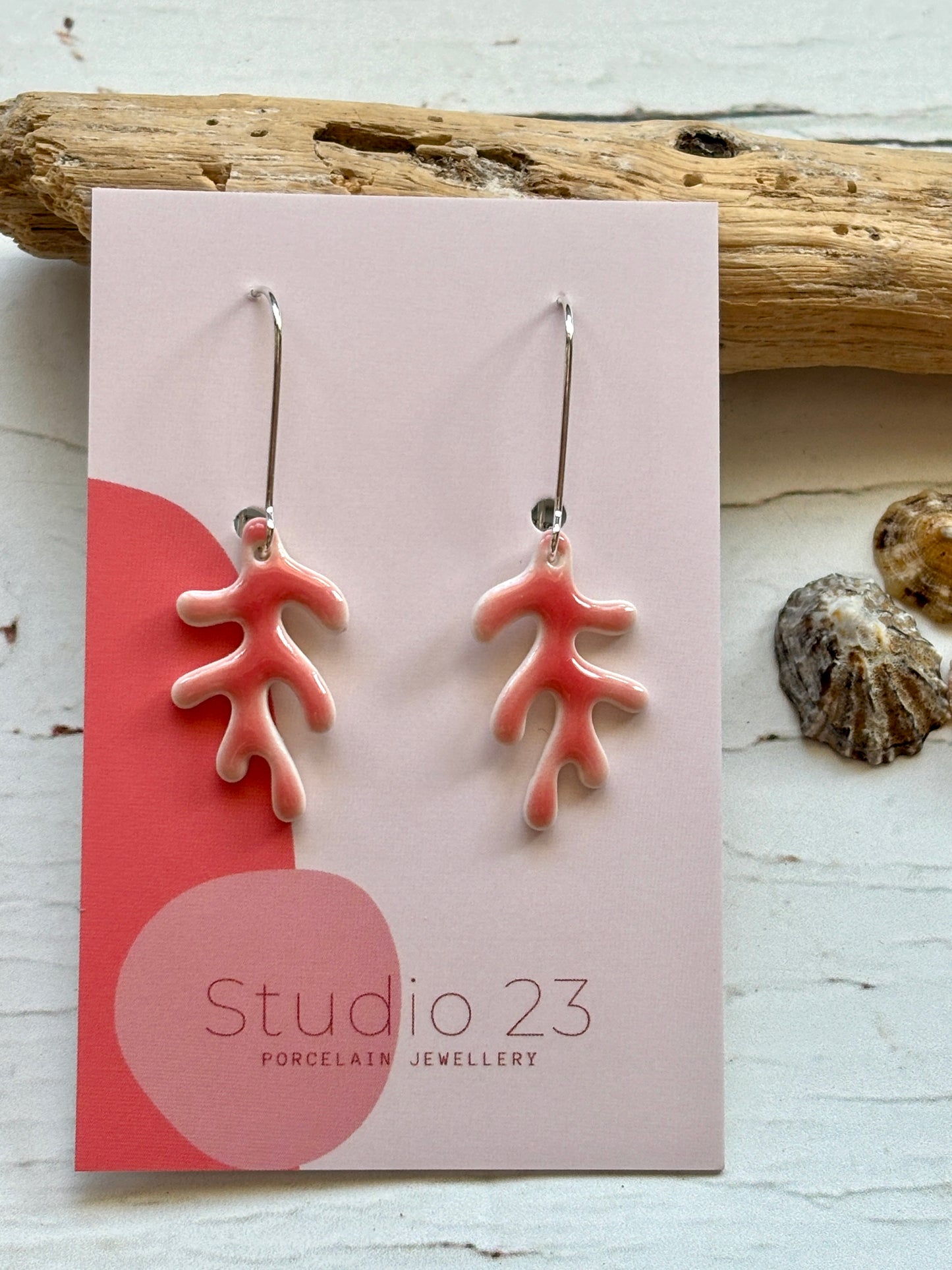 coral glazed porcelain drop earrings handmade ceramic jewelry with sterling silver hooks nautical, beach, or coral reef statement