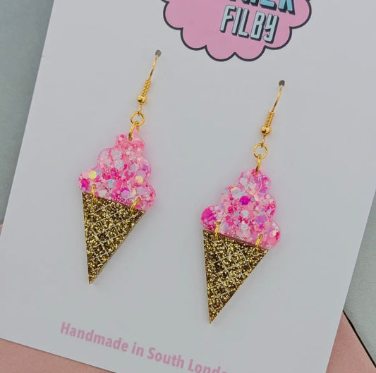 glitter ice cream cone earrings—pink scoops, gold textured cones, handmade sparkle studs for playful summer styling