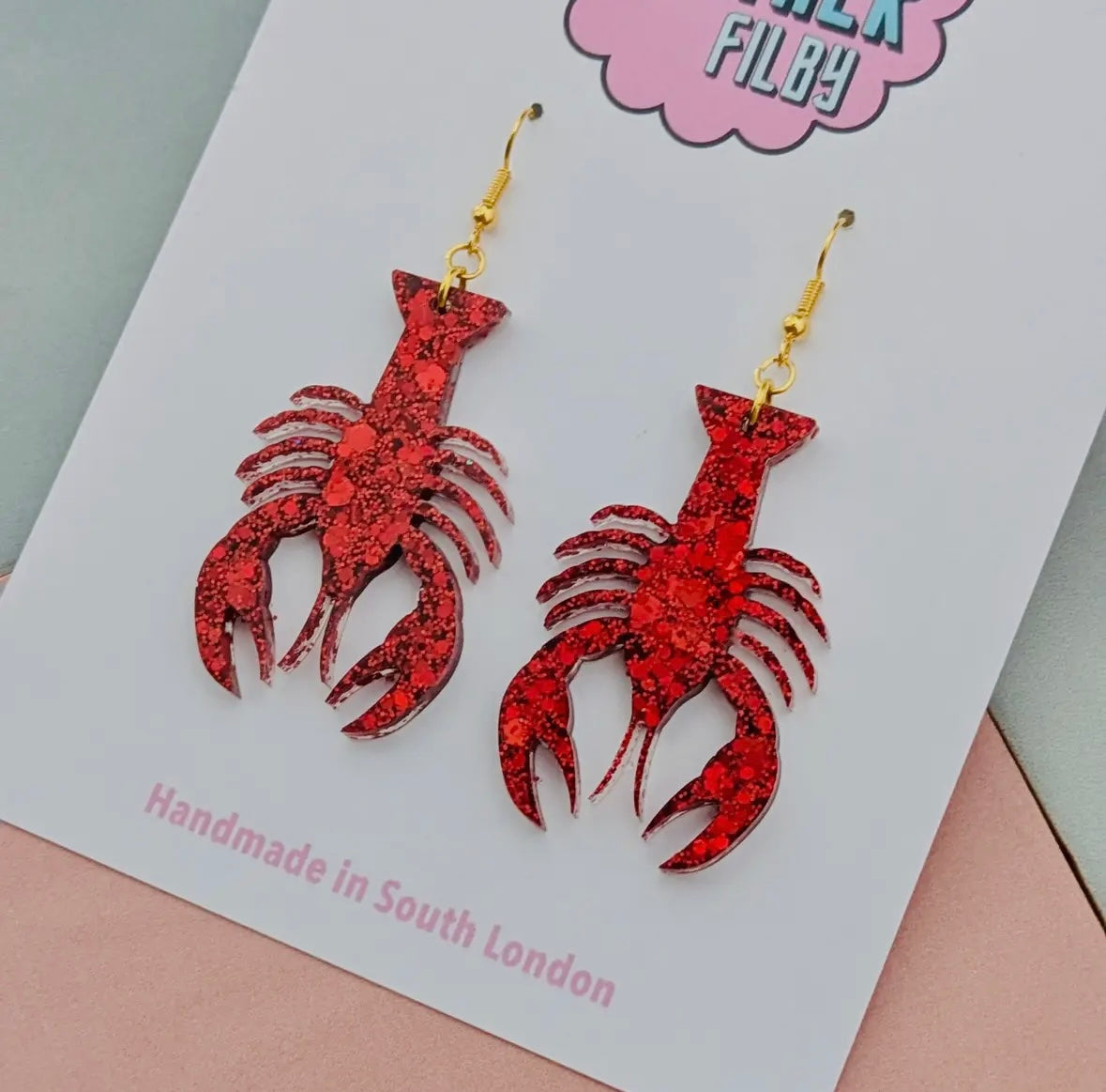 glitter lobster dangly earrings—bold red sparkle, handmade ocean studs with gold hooks for playful coastal styling