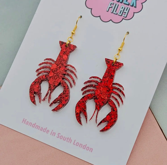 glitter lobster dangly earrings—bold red sparkle, handmade ocean studs with gold hooks for playful coastal styling
