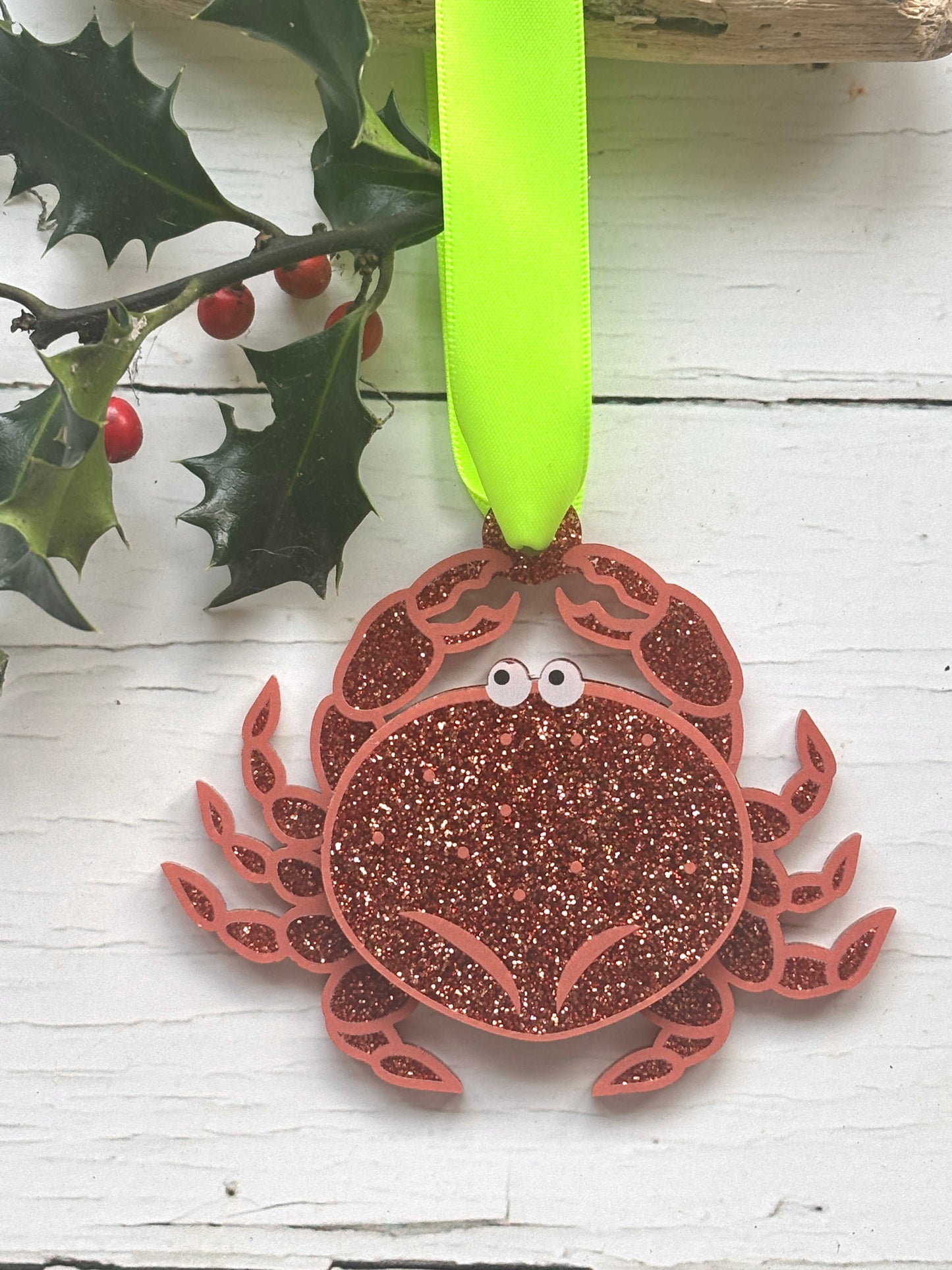 glittered crab ornament for coastal Christmas or beach-themed tree neon ribbon and holly accent ocean animal holiday gift
