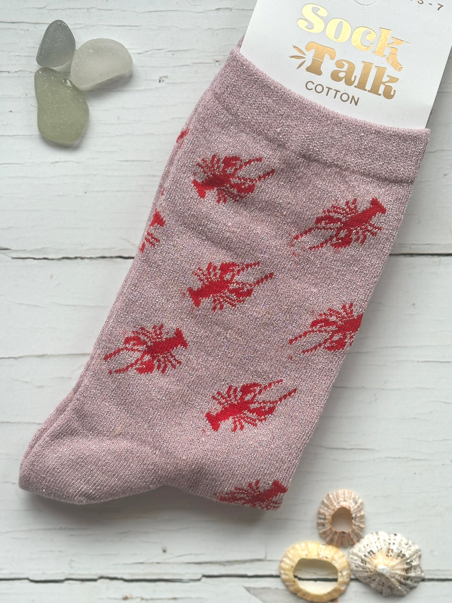 sock talk cotton glittery pink socks with a repeating red lobster print coastal fashion accessory and unique novelty gift