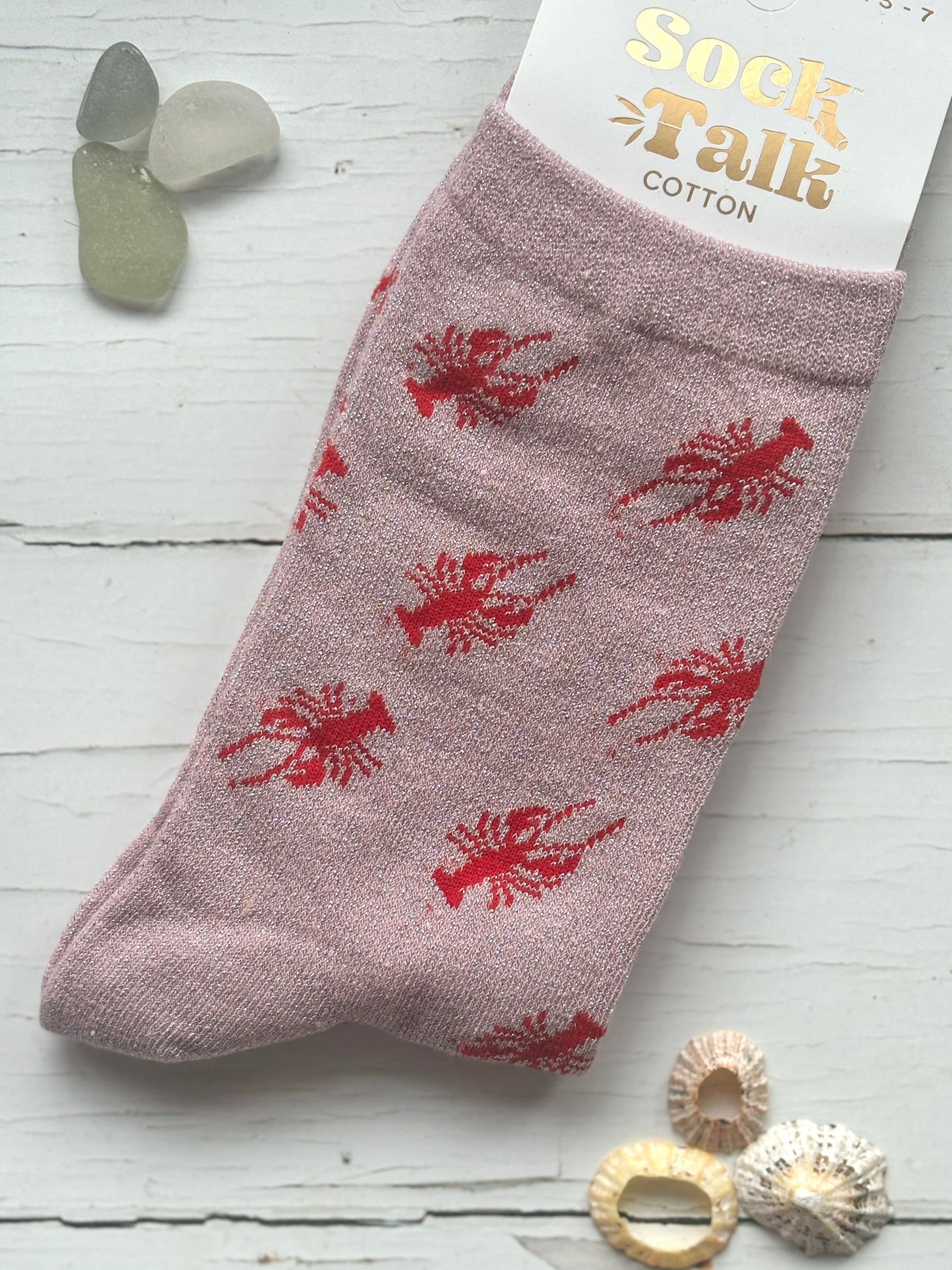 sock talk cotton glittery pink socks with a repeating red lobster print coastal fashion accessory and unique novelty gift