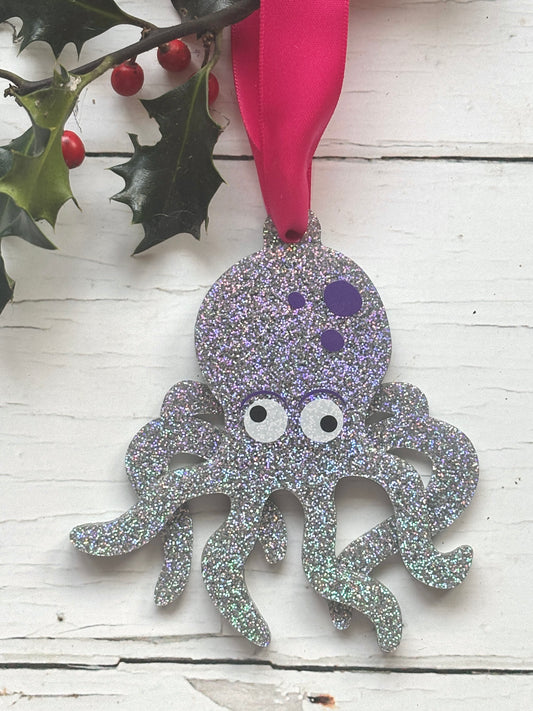 sparkly silver octopus Christmas tree ornament ocean/nautical-themed holiday decor googly eyes and pink satin ribbon