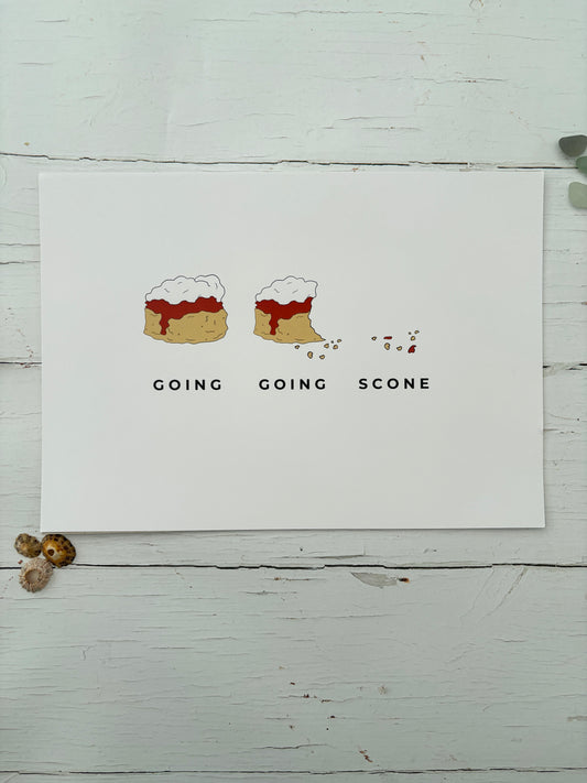 an a4 art print titled 'Going Going Scone' showing a cream tea scone being eaten foodie wall art, funny kitchen decor, Cornwall gift