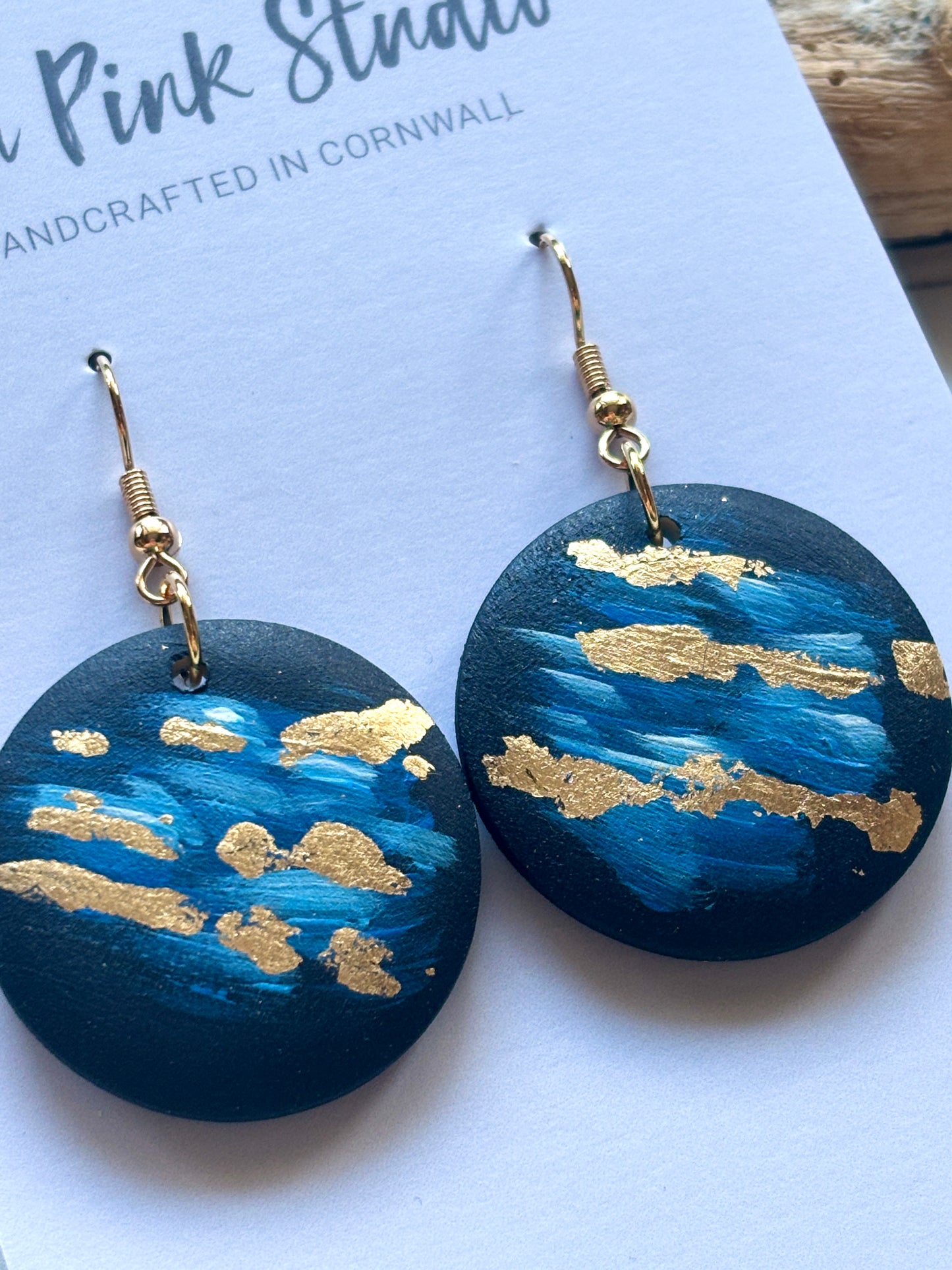 Handpainted Gold & Blue Wooden Earrings