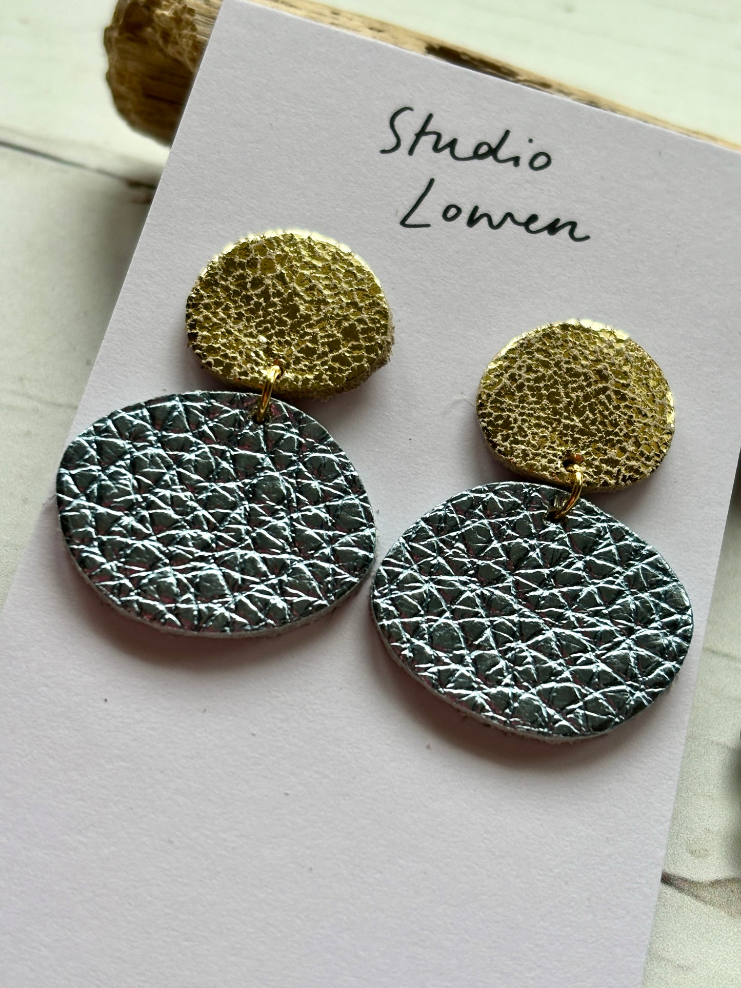 gold and metallic ice-blue drop earrings handmade polymer clay jewelry textured leather effect statement accessory