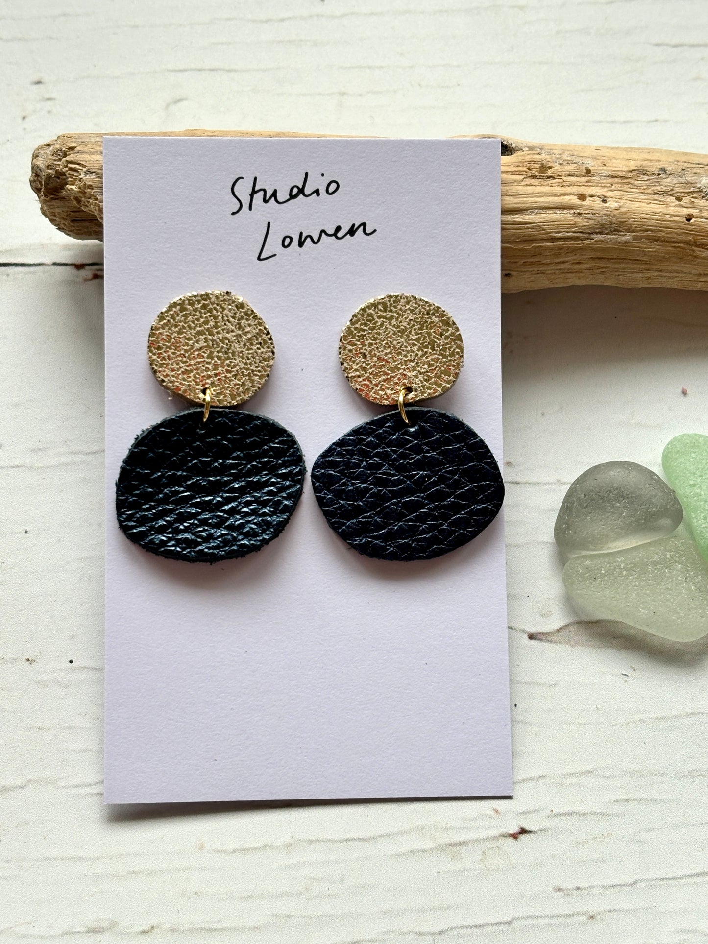 unique gold textured stud and metallic navy blue leather-effect dangle earrings handmade statement jewelry