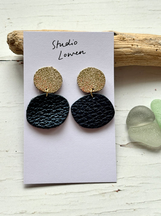 unique gold textured stud and metallic navy blue leather-effect dangle earrings handmade statement jewelry