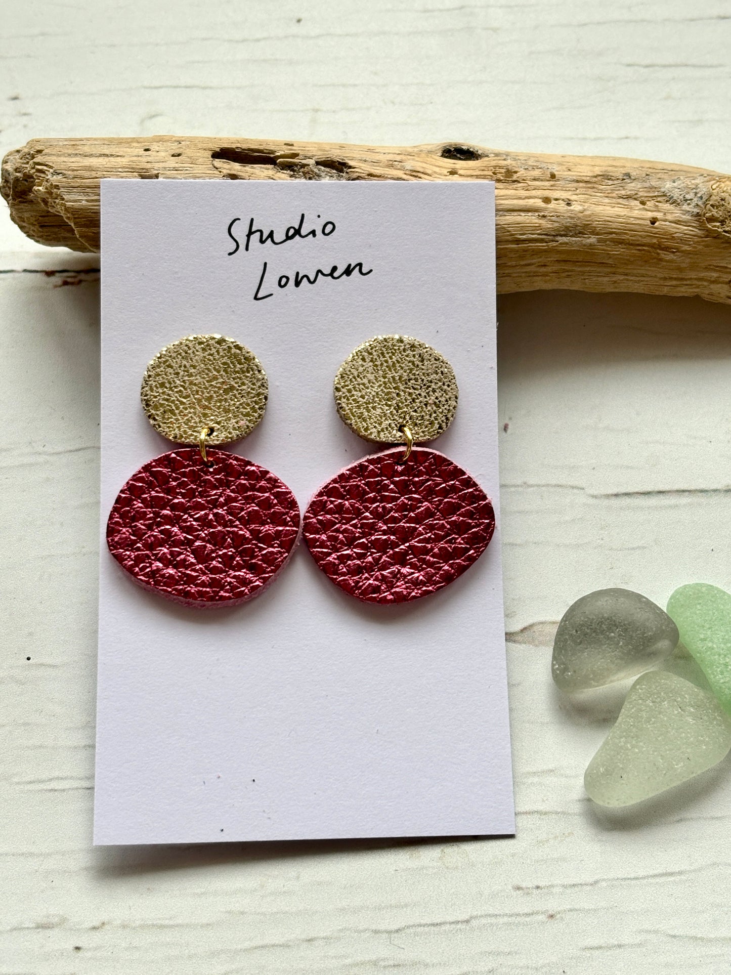 two-tone gold and metallic rose pink leatherette statement earrings unique texture, modern fashion jewelry