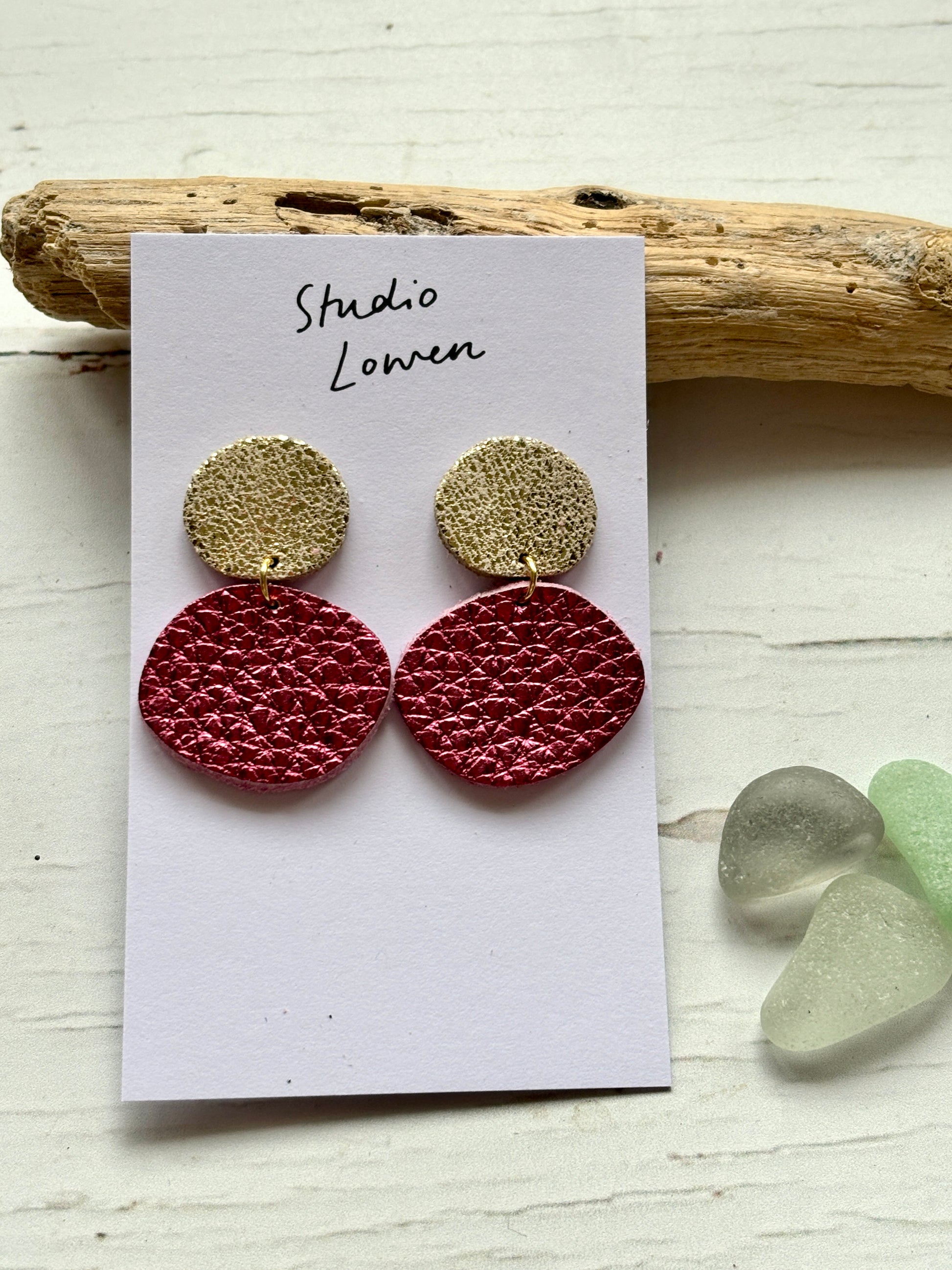 two-tone gold and metallic rose pink leatherette statement earrings unique texture, modern fashion jewelry