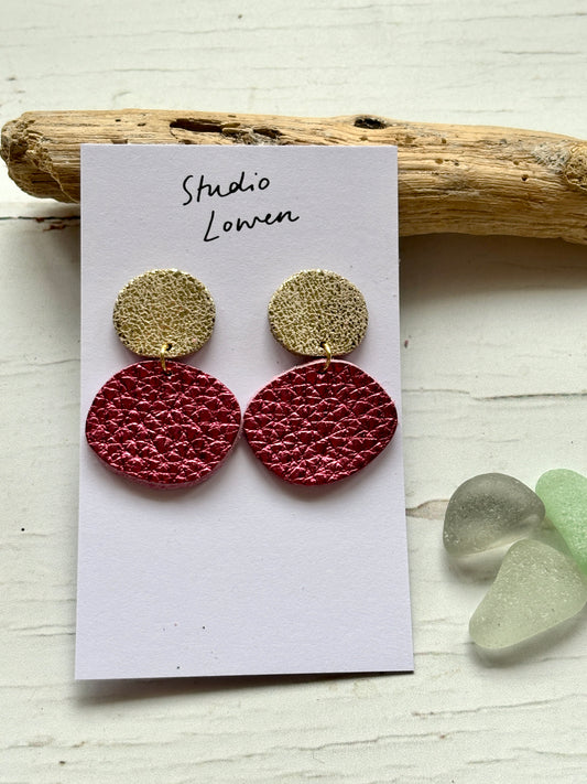 two-tone gold and metallic rose pink leatherette statement earrings unique texture, modern fashion jewelry