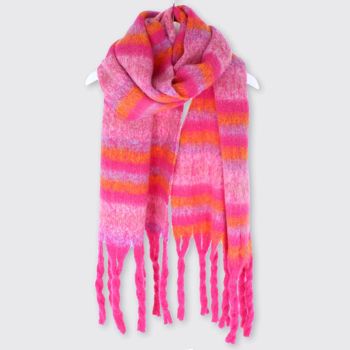 bright pink & orange gradient scarf with tassels - chunky striped knit blanket wrap oversized cozy winter shawl