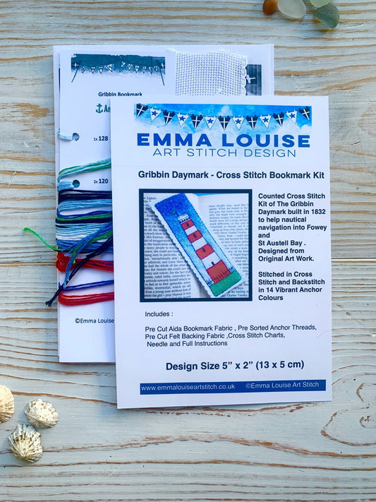 DIY cross stitch bookmark kit featuring the Gribbin Daymark Lighthouse nautical craft kit with anchor threads for beginners or stitchers