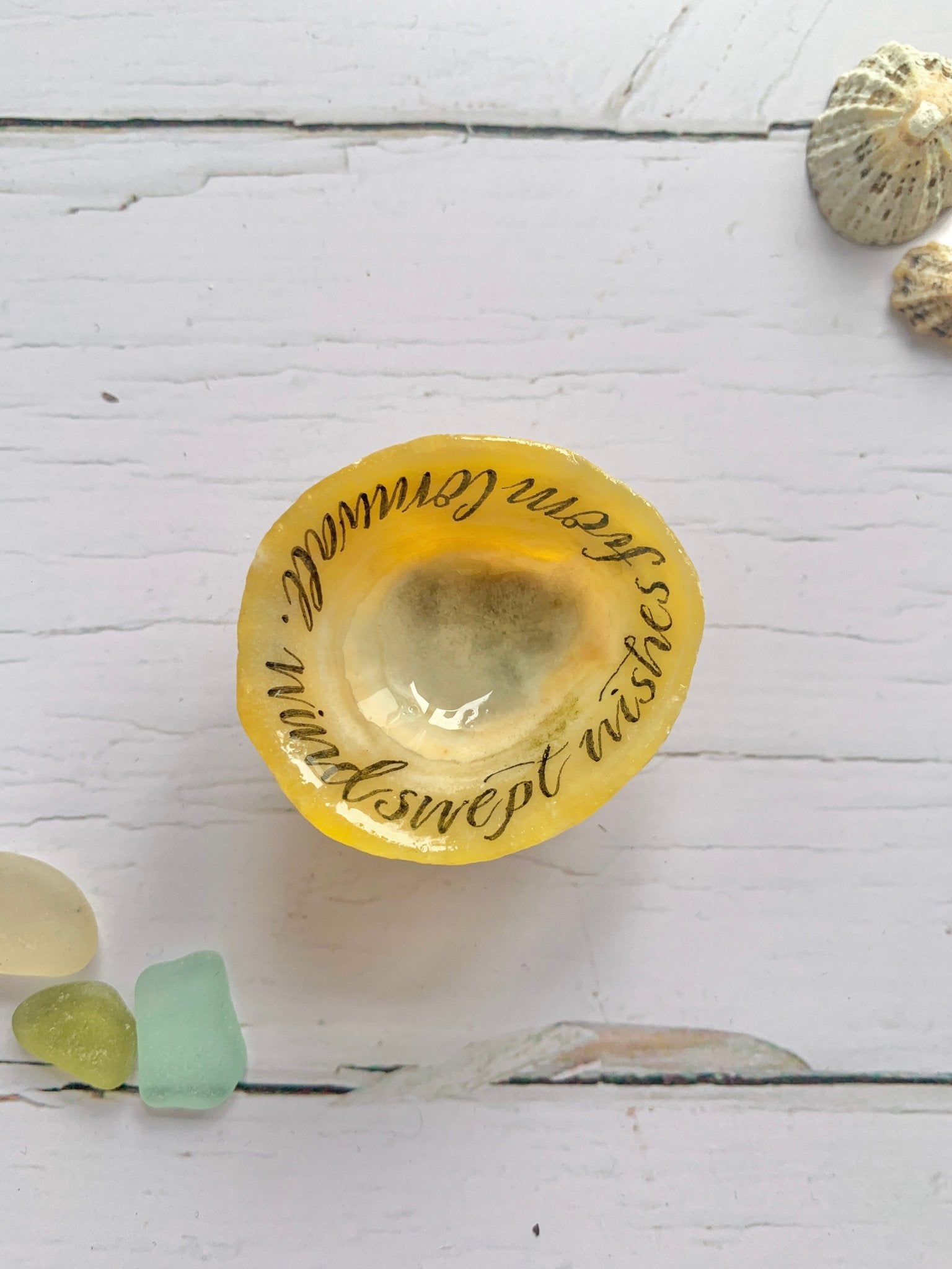 Hand lettered calligraphy Cornish limpet shells - Readymoney Beach Shop