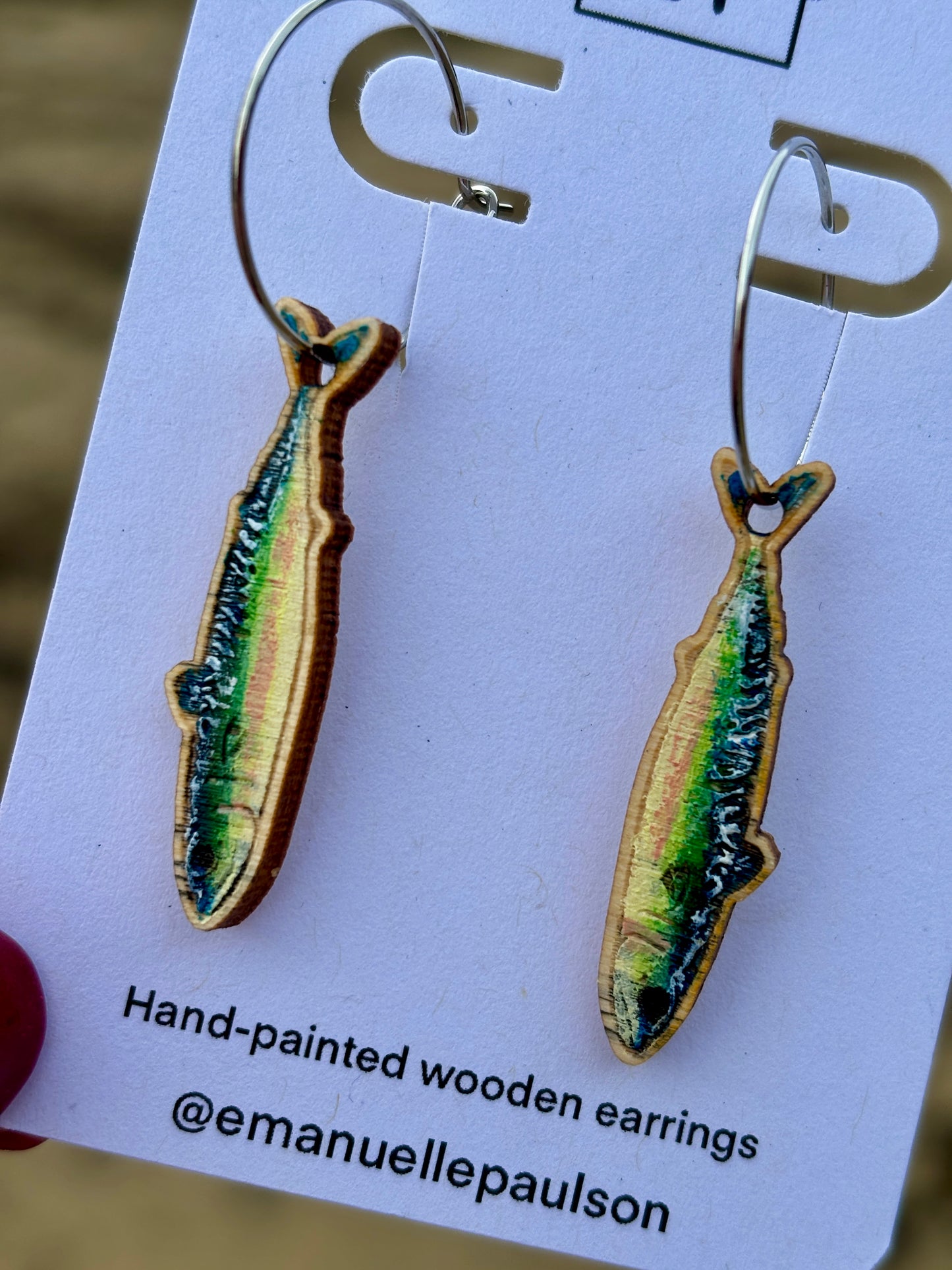 hand-painted wooden mackerel earrings, fish design, lightweight dangle jewellery, ocean-inspired artisan gift accessory