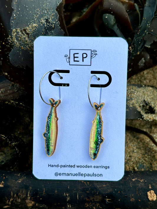 hand painted wooden earrings shaped like a sardine fish funky coastal jewellery with colorful marine life design nautical hoop earrings