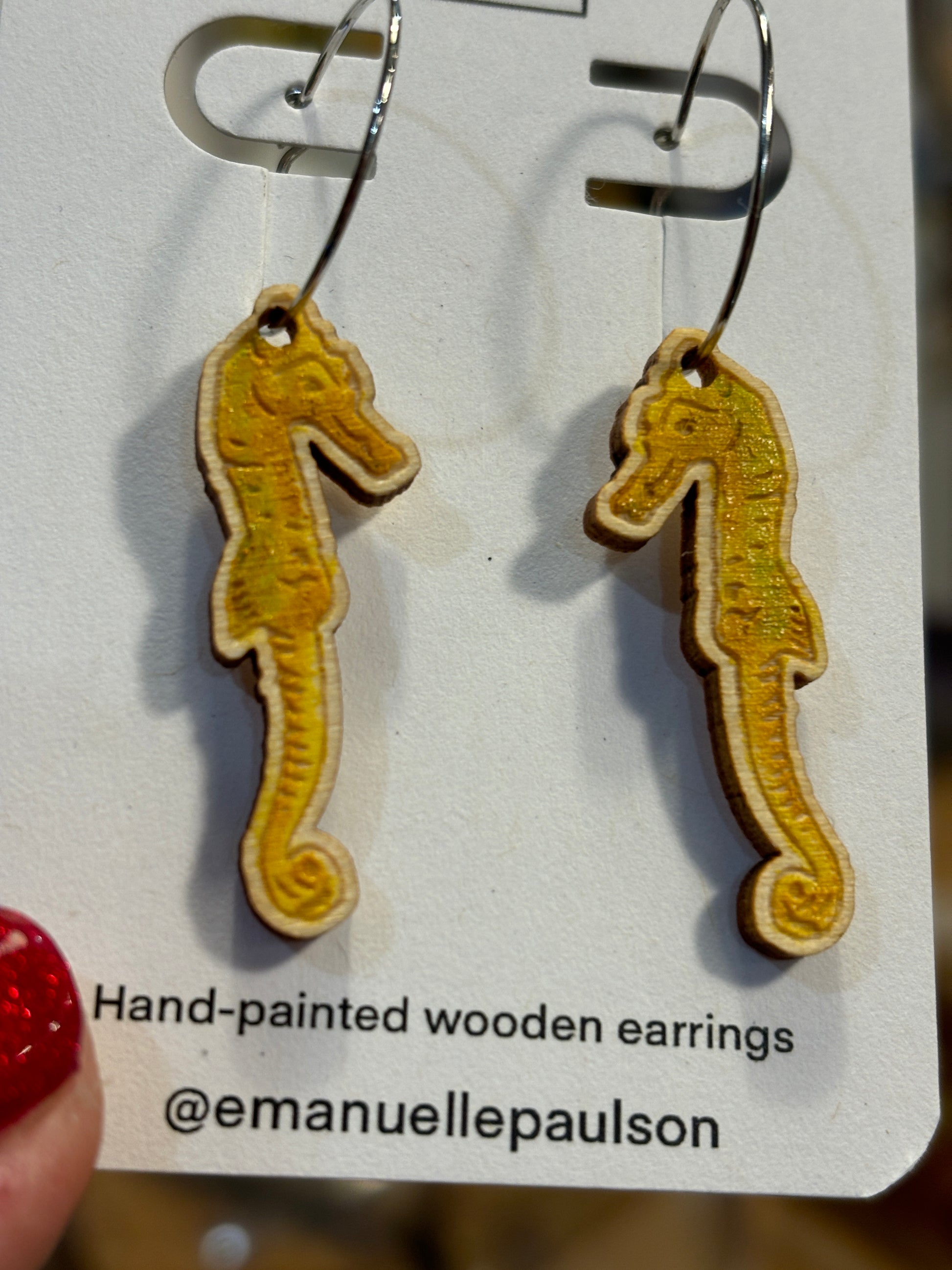 hand-painted wooden seahorse earrings, ocean-inspired jewellery, lightweight dangle accessory, coastal nautical gift idea