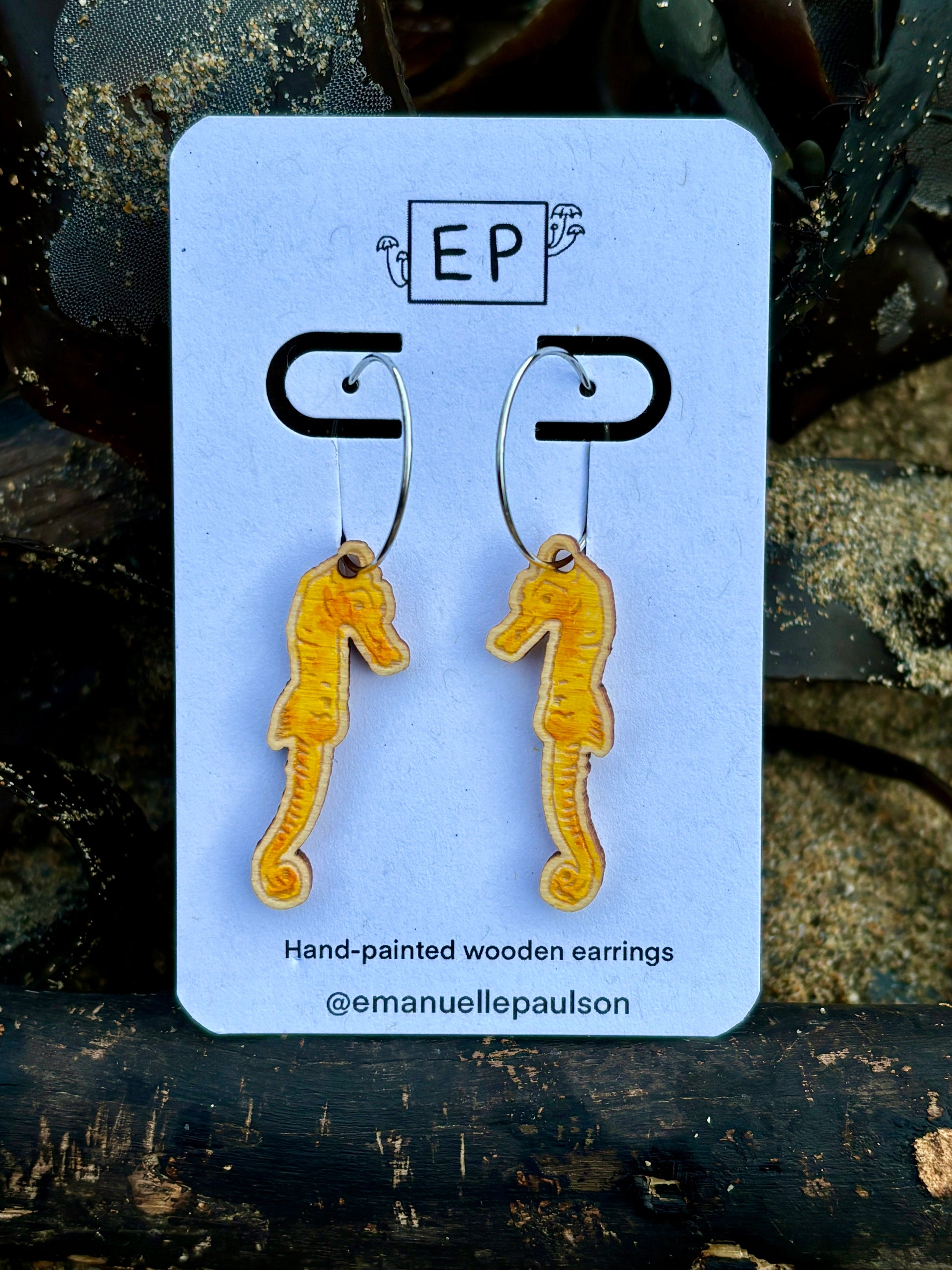 yellow hand-painted wooden seahorse hoop earrings funky coastal jewellery and marine life accessory great nautical gift