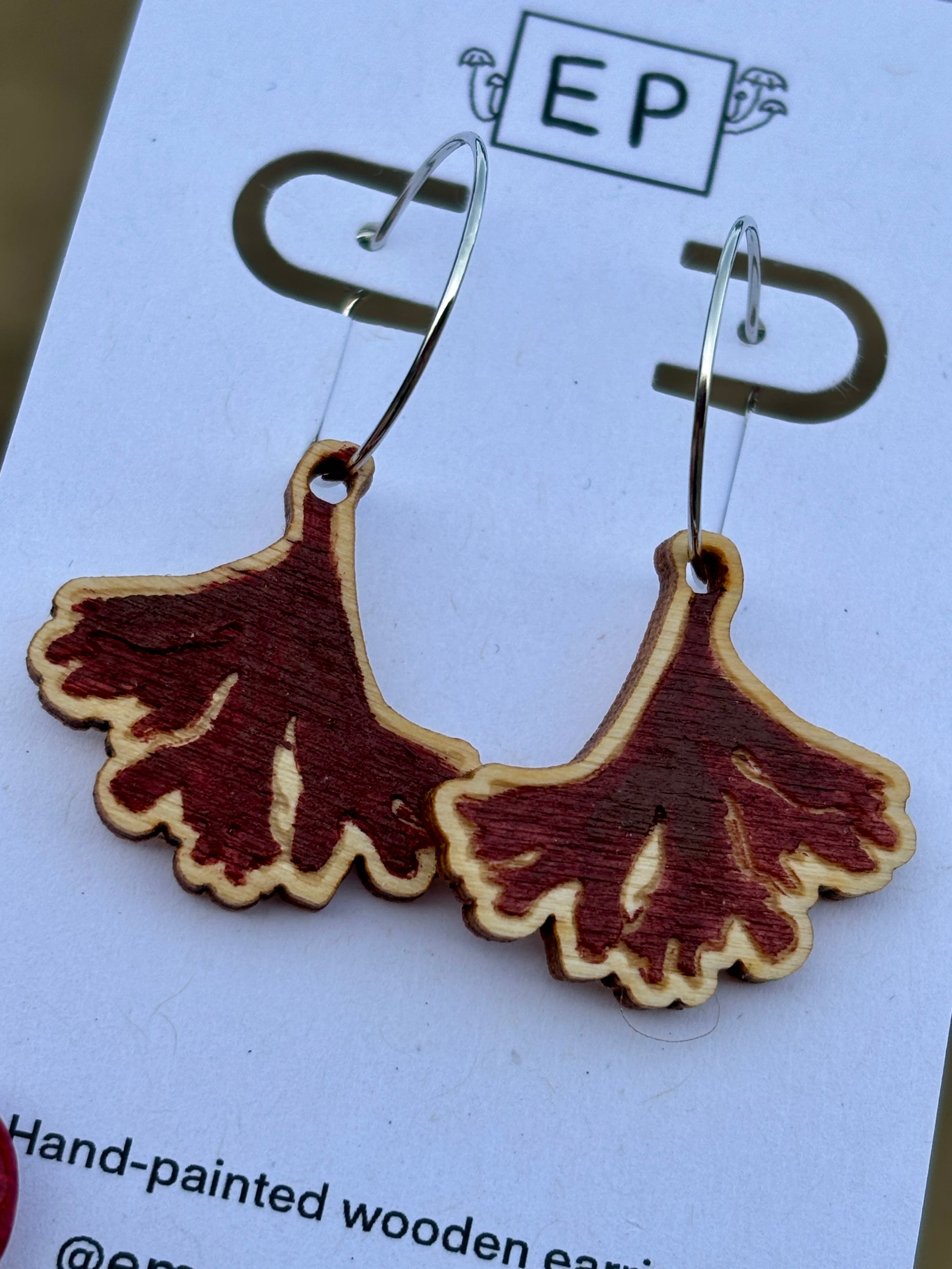 hand-painted wooden seaweed earrings, botanical ocean design, lightweight dangle jewellery, artisan coastal gift accessory