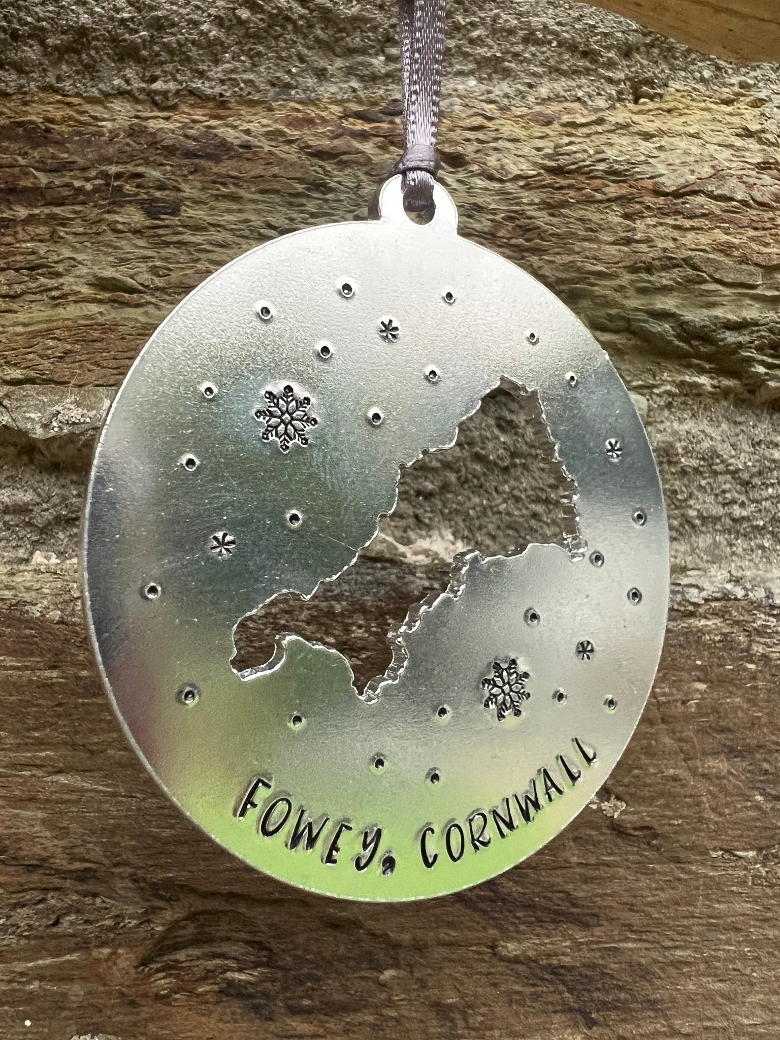 Hand Stamped Aluminium Fowey Cornwall Christmas Bauble Decoration - Readymoney Beach Shop