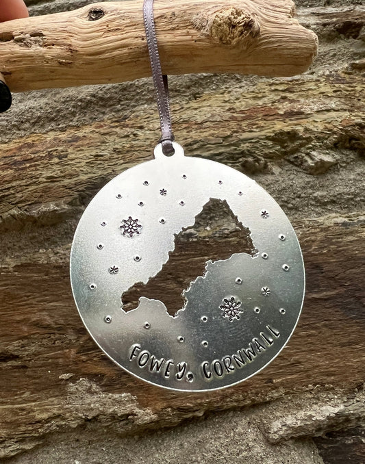 Hand Stamped Aluminium Fowey Cornwall Christmas Bauble Decoration - Readymoney Beach Shop