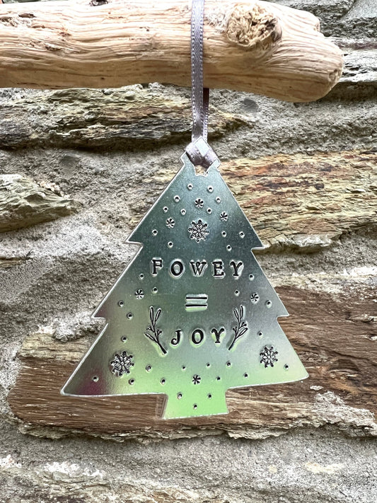 Hand Stamped Aluminium Fowey Joy Christmas Tree Decoration - Readymoney Beach Shop