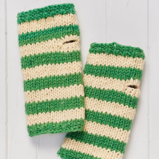 Green & Cream Stripe Wool Hand Warmer Gloves