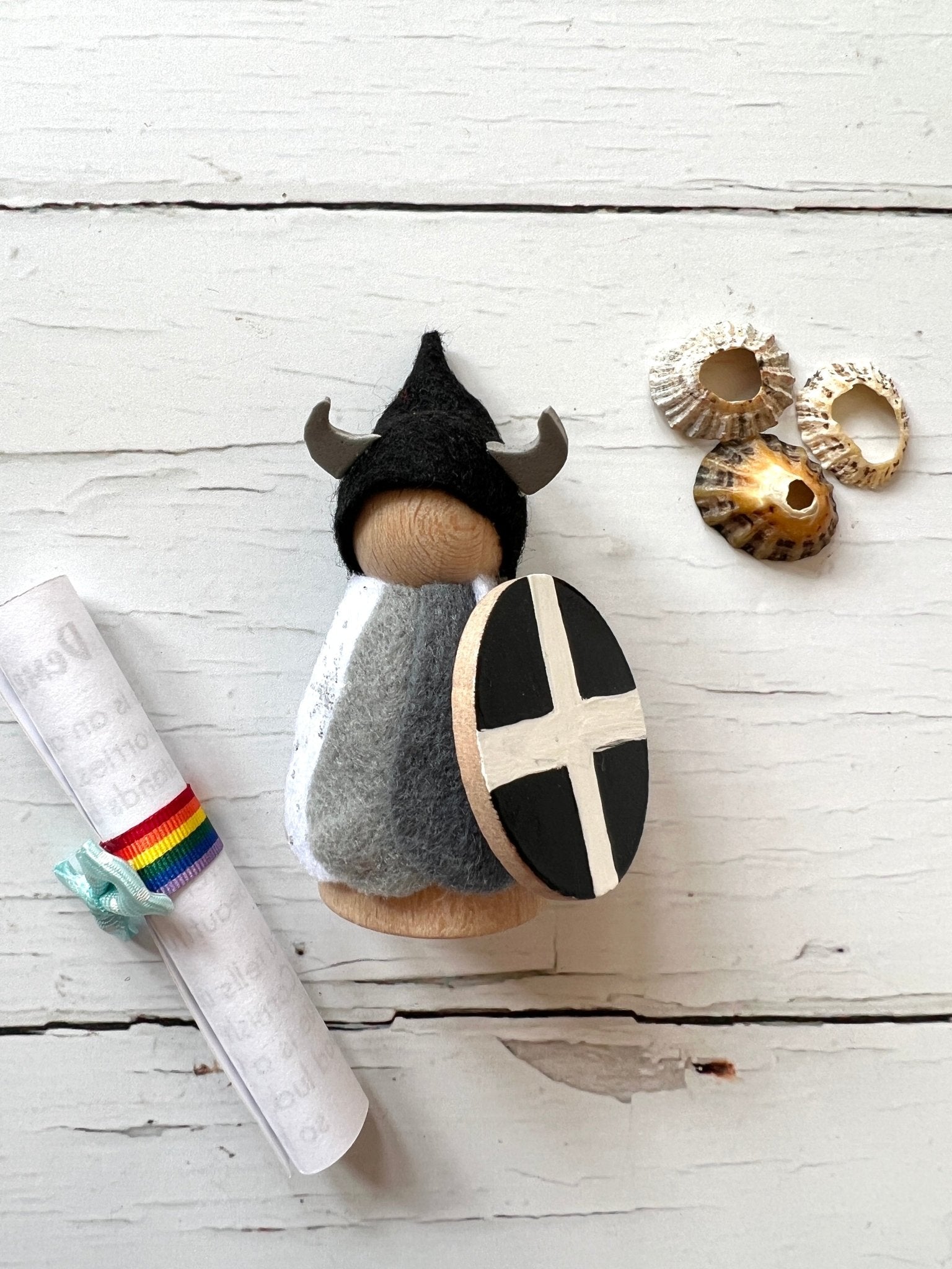 handmade Cornish piskie figurine named Demelza a wooden peg doll dressed as a Viking with a St. Piran's flag shield Cornwall gift, peg doll toy