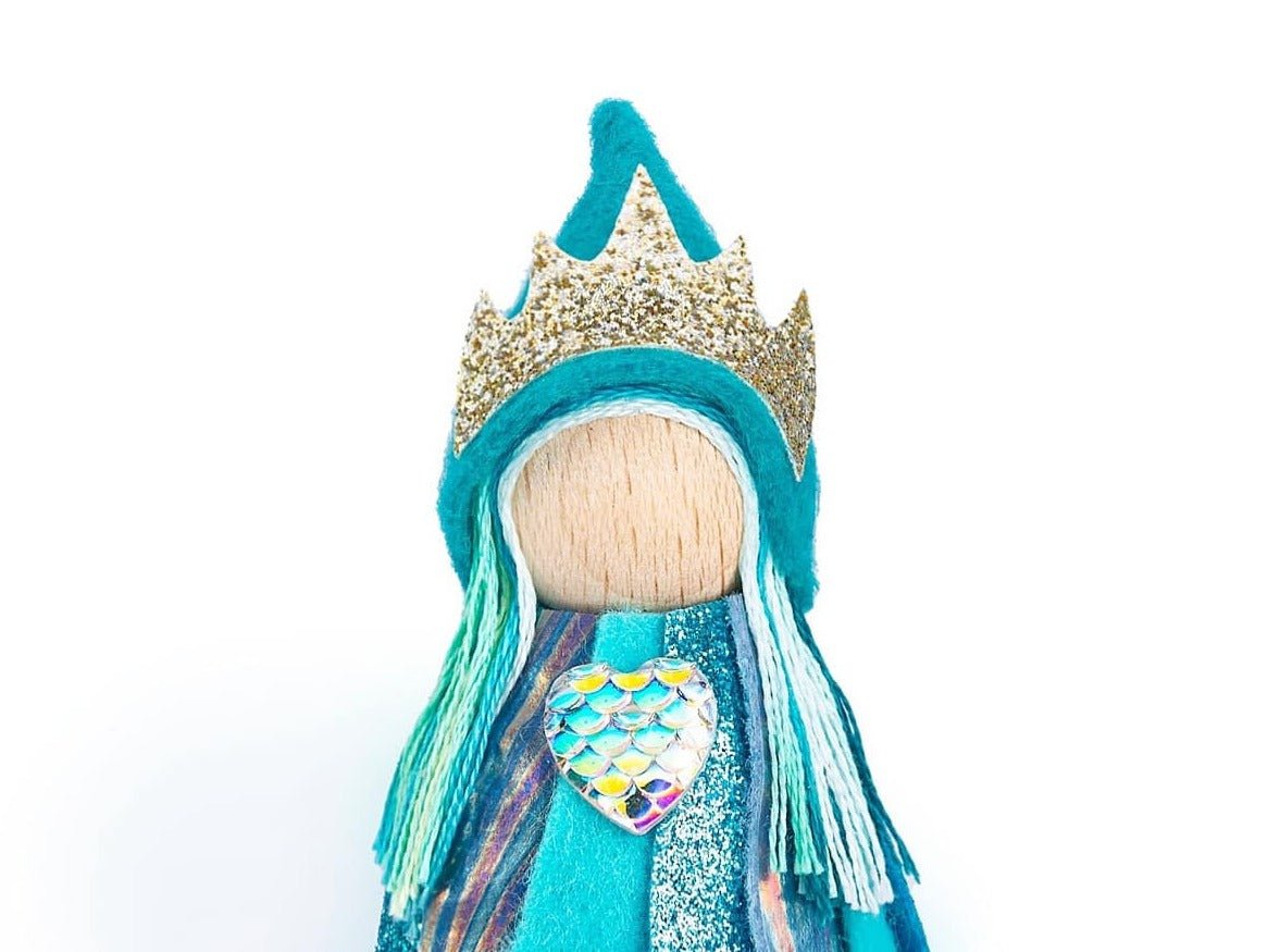 handmade Cornish Piskie figurine dressed as a Mermaid Queen wooden peg doll with a glitter crown and mermaid scale heart coastal gift, keepsake