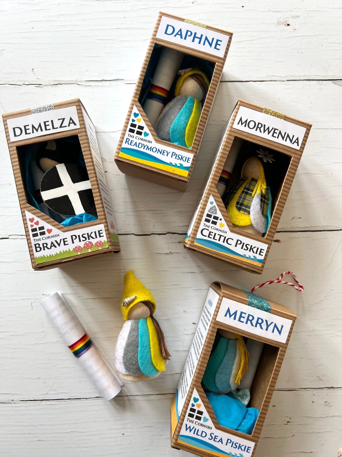 Cornish Piskie felt figurine with scroll—handcrafted UK folklore gift in collectible boxed ornament