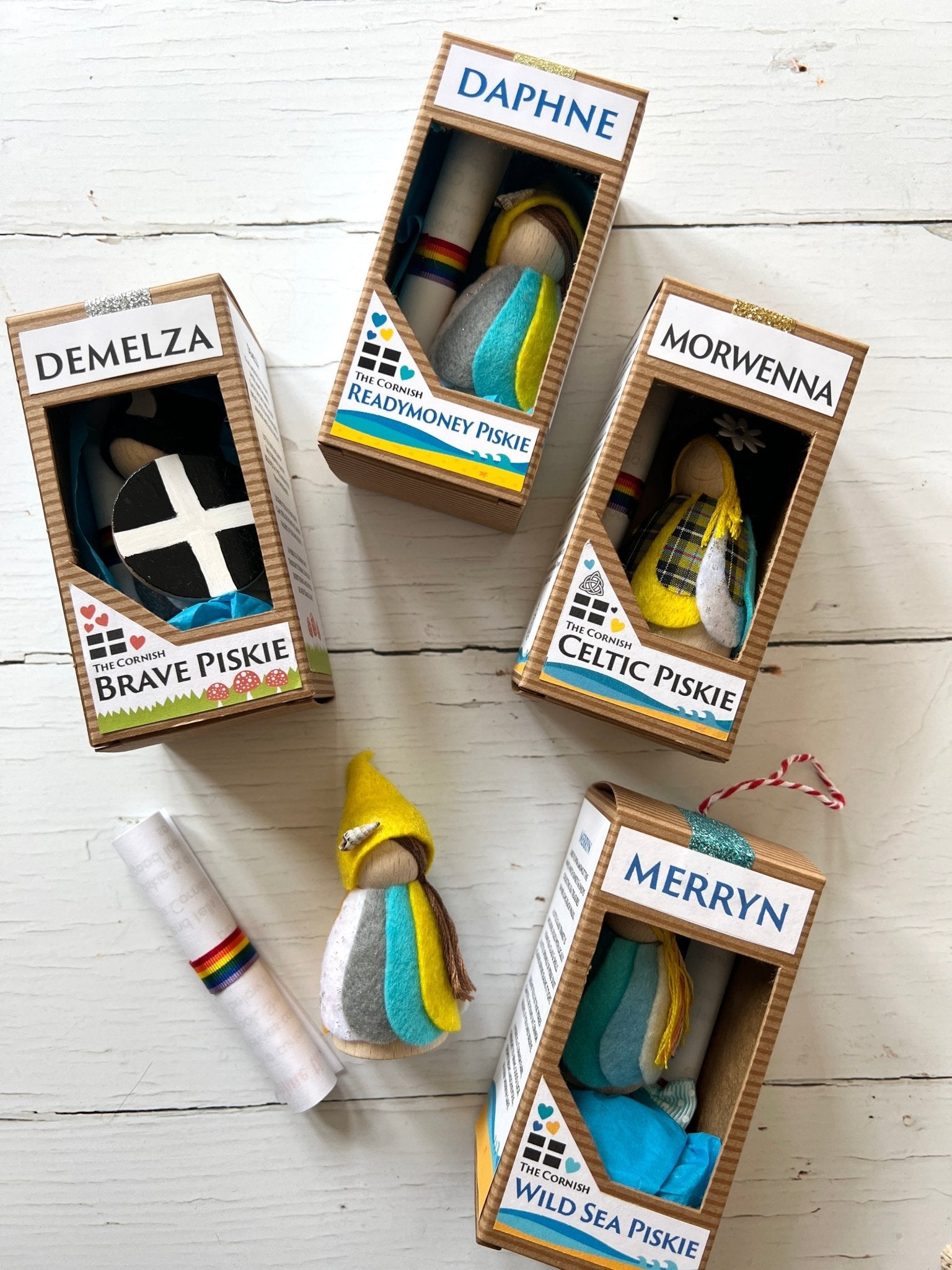 Cornish Piskie felt figurine with scroll—handcrafted UK folklore gift in collectible boxed ornament