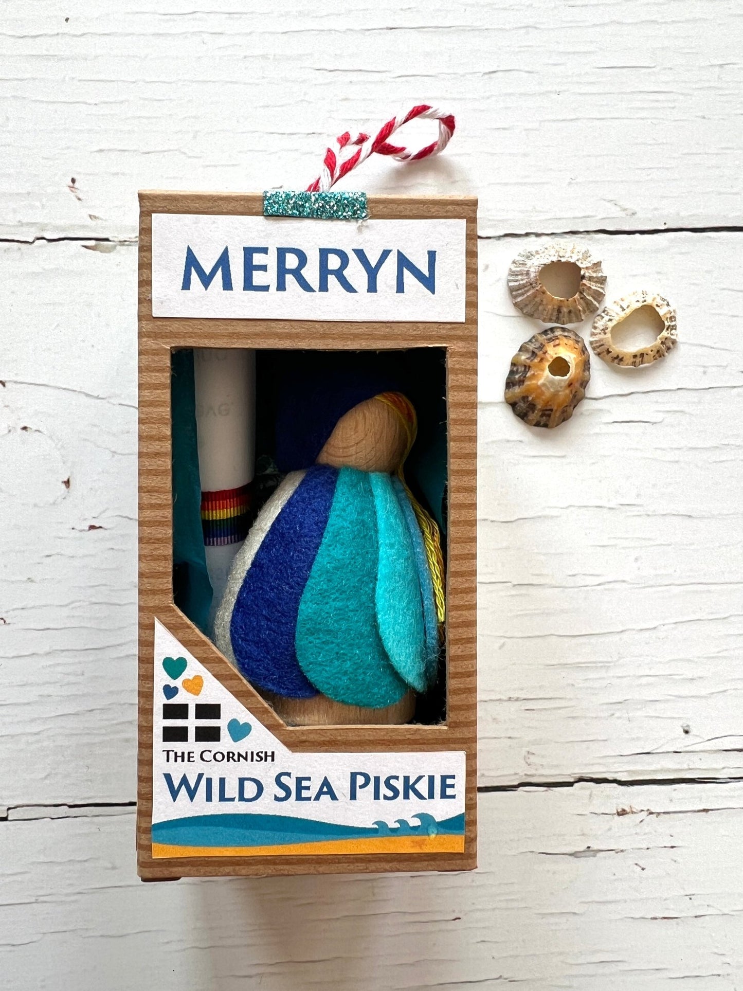handmade Cornish Piskie Merryn—felt sea fairy in gift box with folklore scroll, seashells, and coastal charm