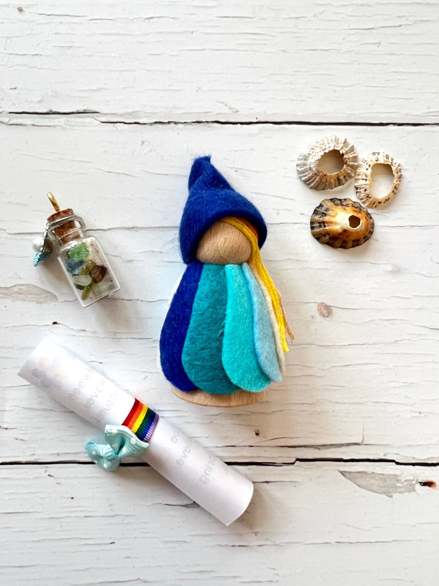 handmade Cornish piskie Merryn with sea glass, scroll, and shells—whimsical coastal folklore gift set